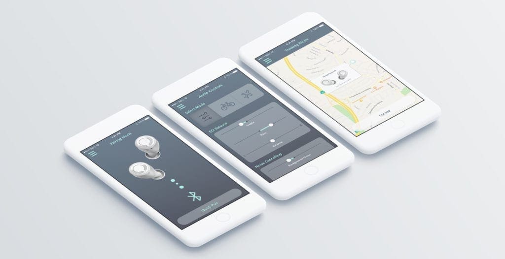 Three smartphones displaying UI of a connected smart device product experience.