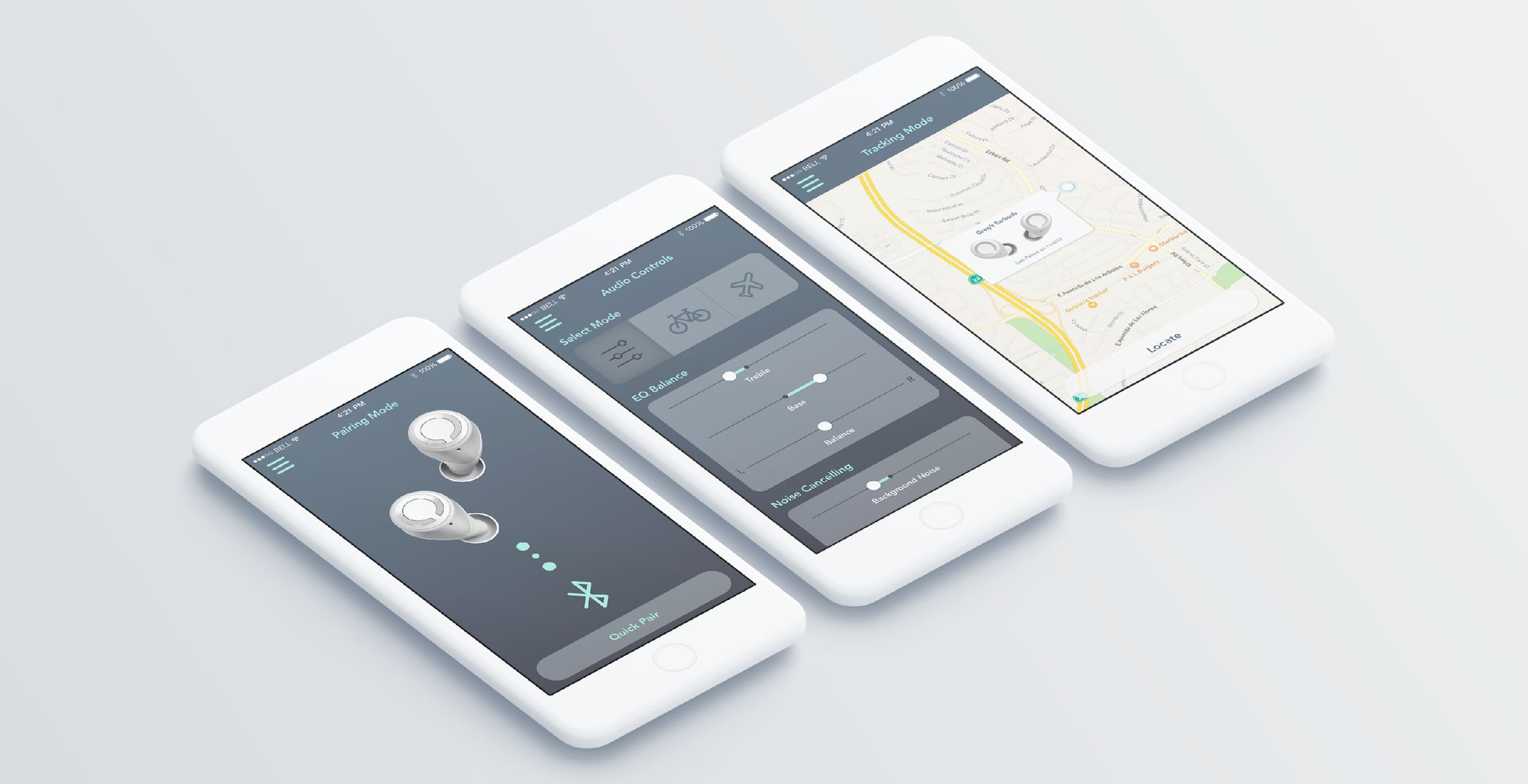 Three smartphones displaying UI of a connected smart device product experience.