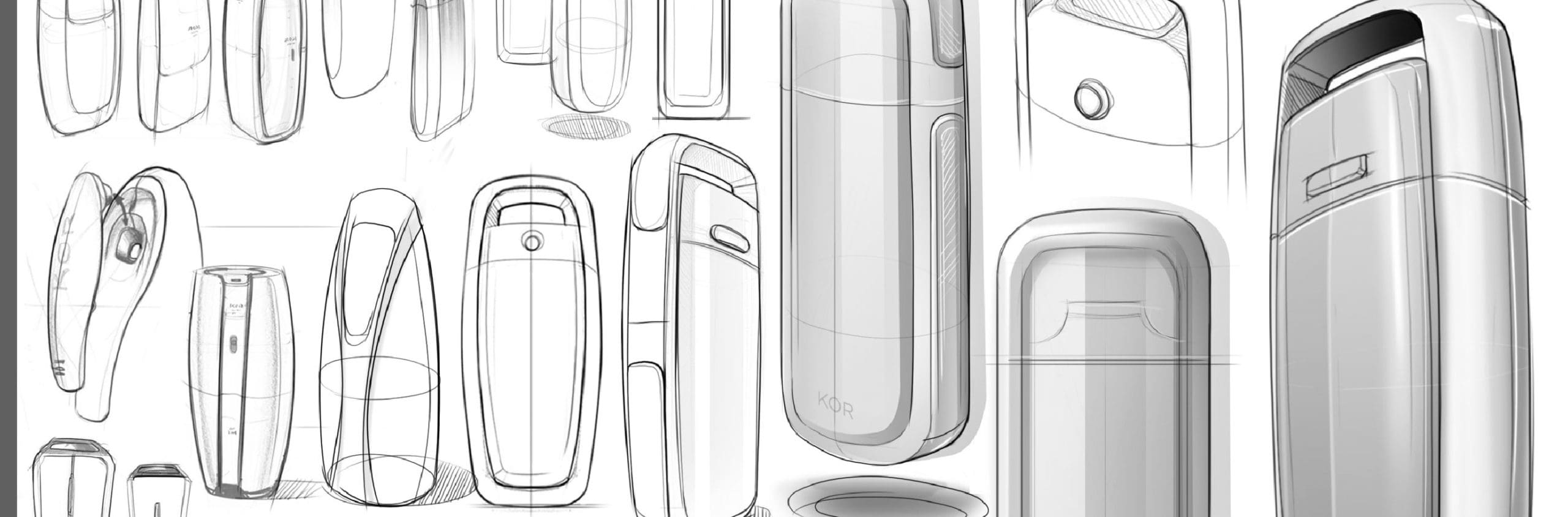 Pencil and marker sketches of tall, rounded water bottle concepts, one marked KOR