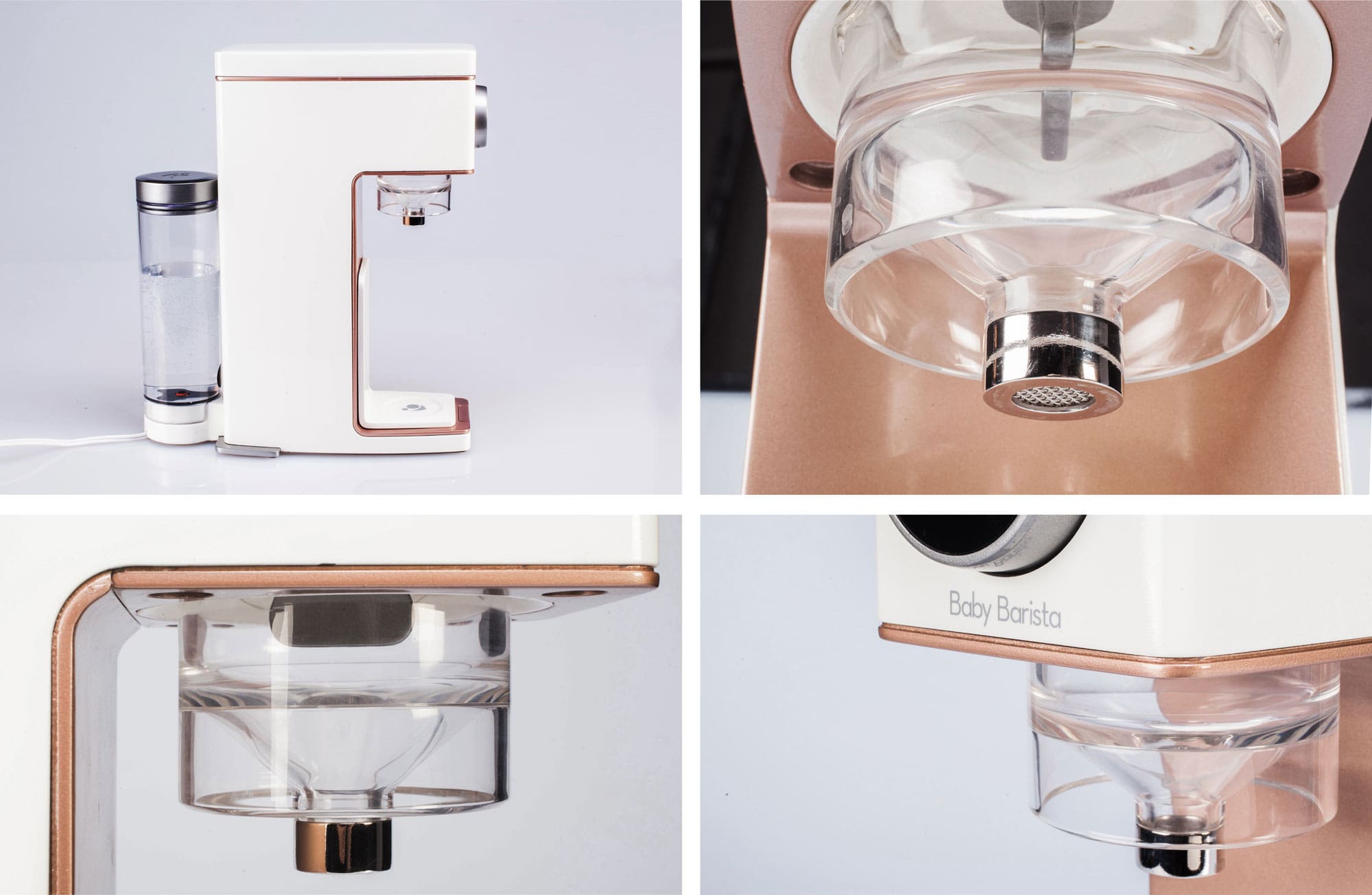 Four images of baby barista device in action