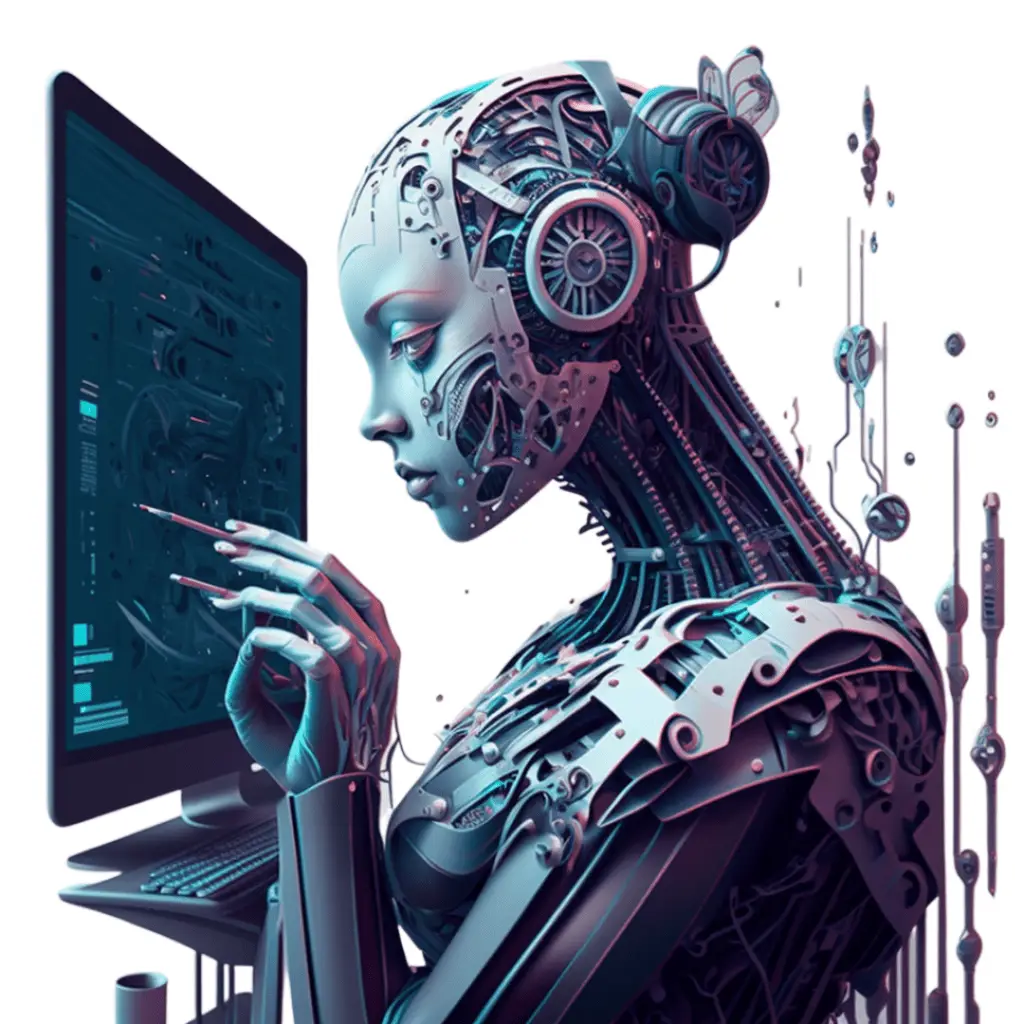 A futuristic female humanoid robot with mechanical parts and intricate wiring interacts…