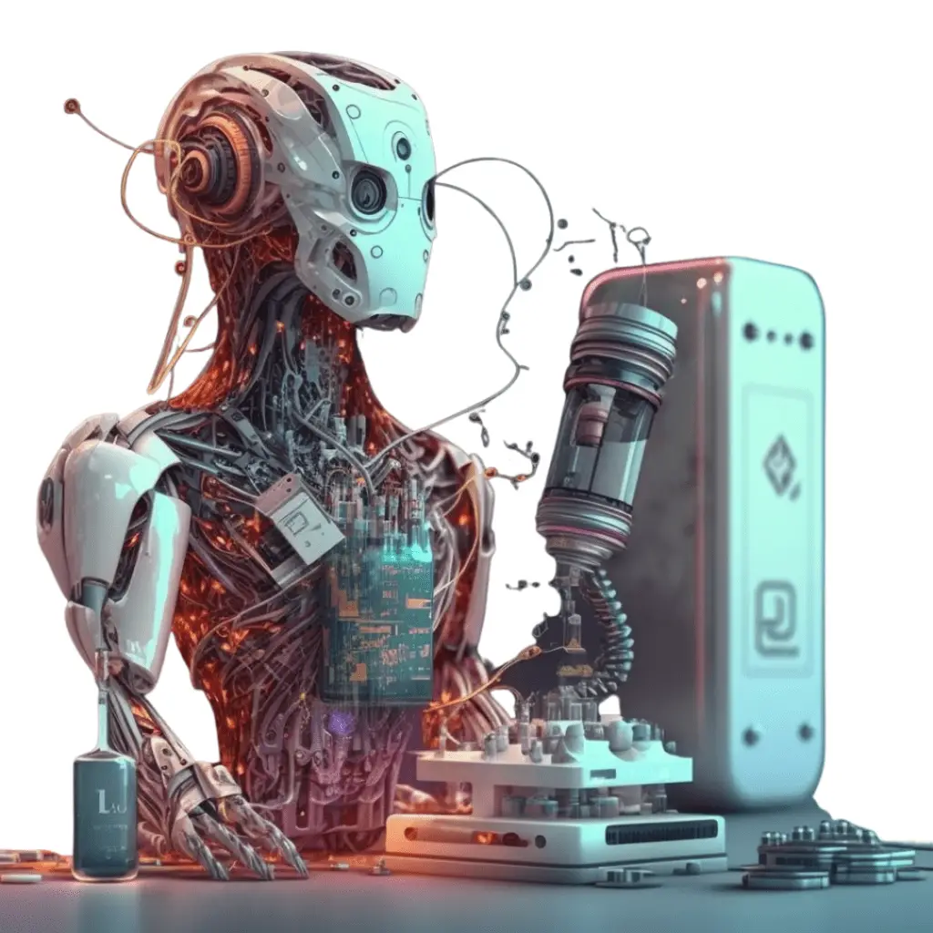 A humanoid robot with exposed circuits and wires interacts with a futuristic computer,…