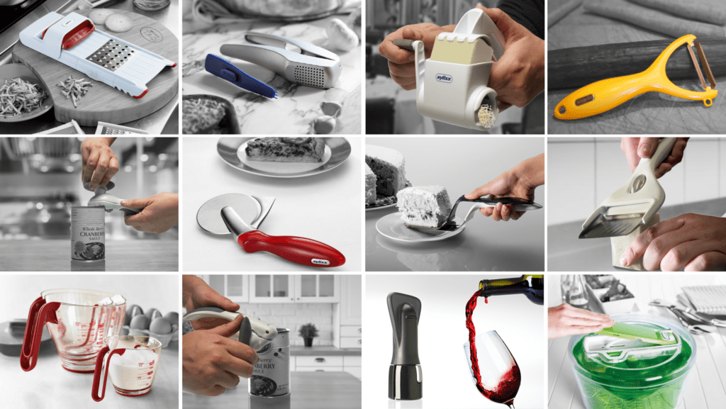 Grid of twelve Zyliss kitchen tools in use, including a mandoline, garlic press, peeler, can opener, pizza wheel and salad spinner