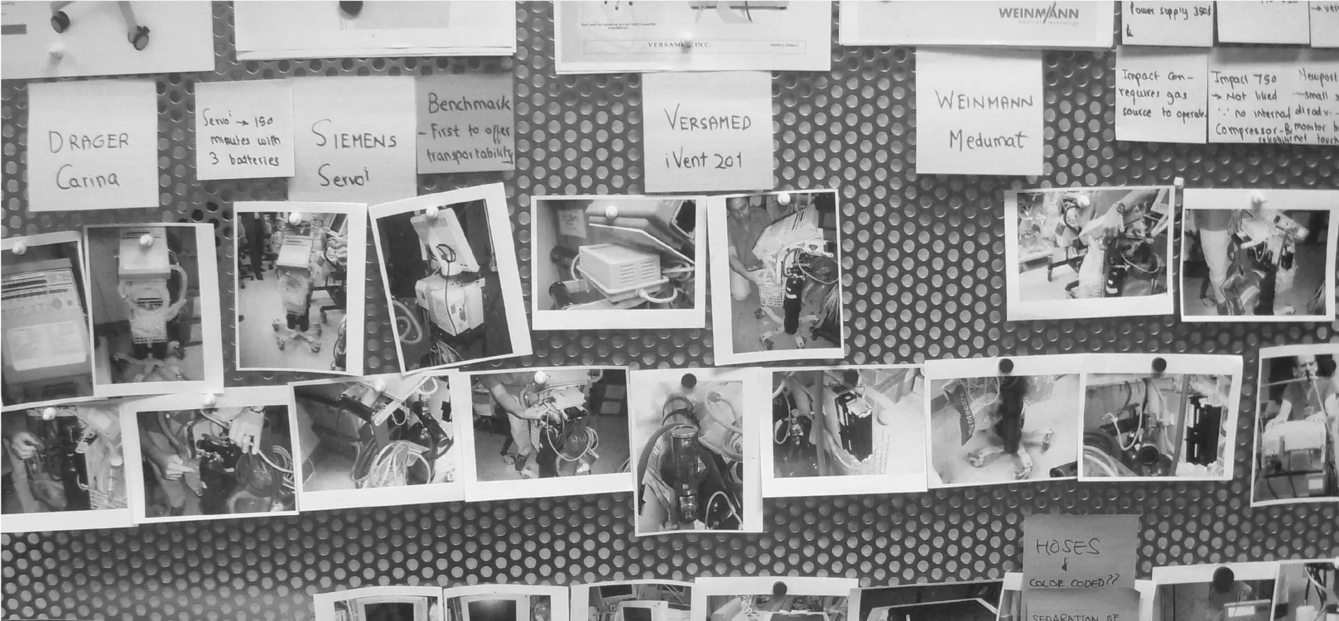 A wall of images portraying competitors of the Hamilton T1 mobile ventilator