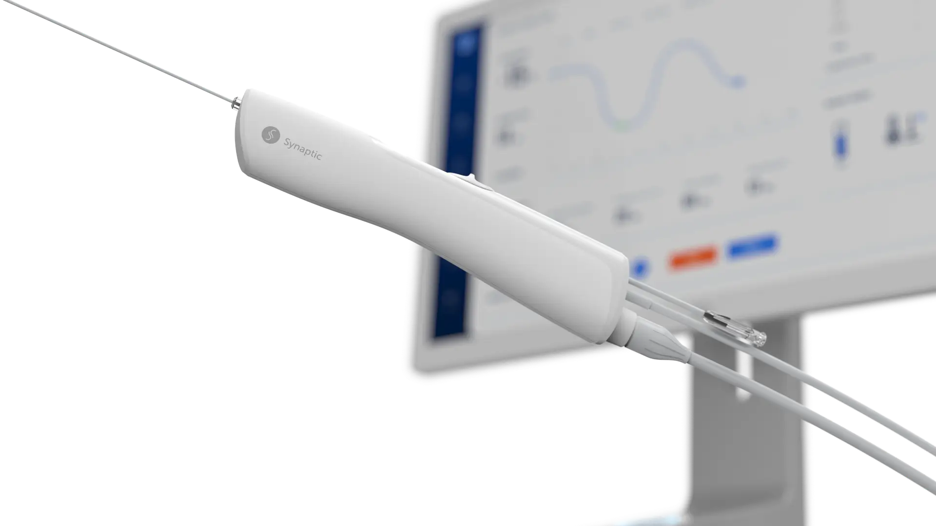 A close-up of a white handheld medical device with cables attached, positioned in…