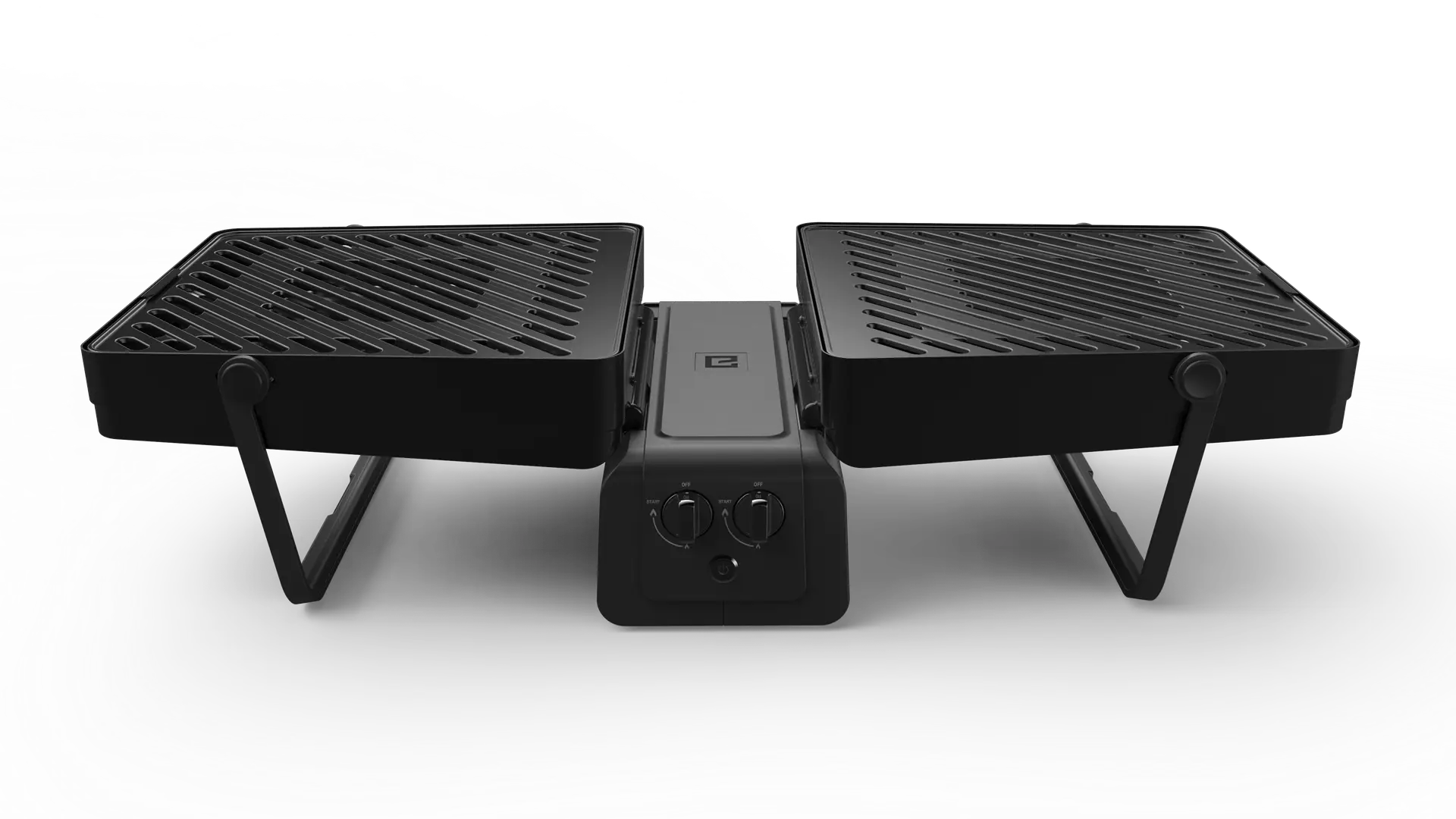 Rendering of the black Elevate grill opened flat, two grates on fold-out legs either side of a burner box with two knobs