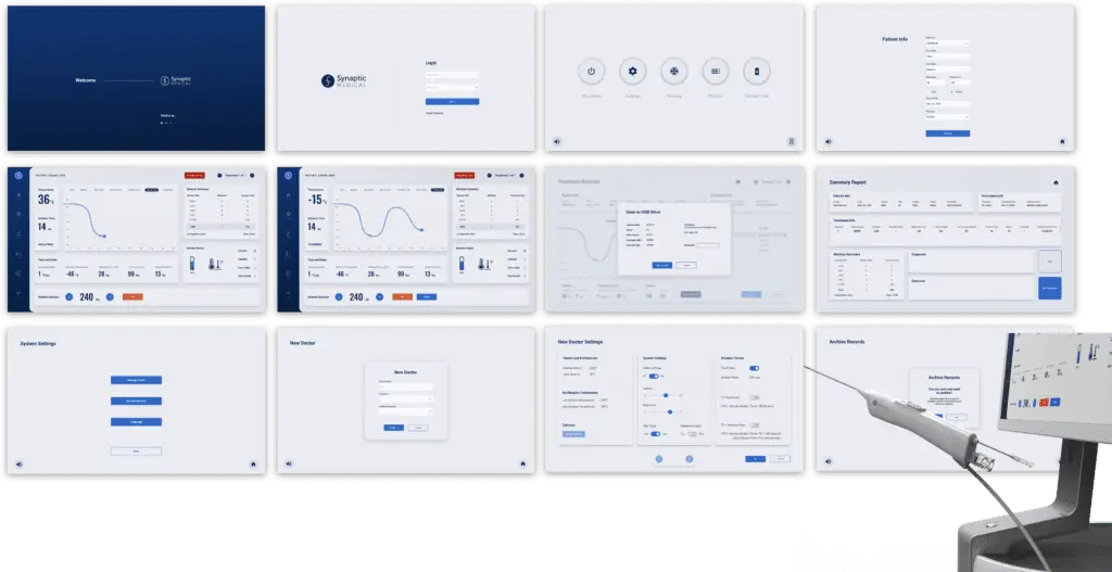 Medical UI wireframes for compliance-based product interface next to a surgical display.
