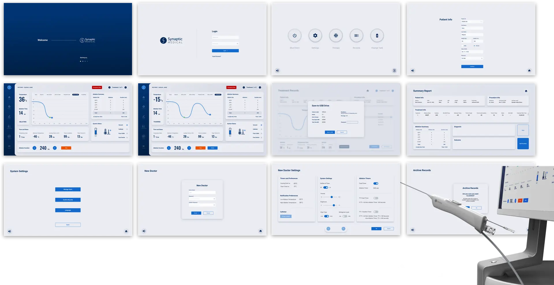 Medical UI wireframes for compliance-based product interface next to a surgical display.