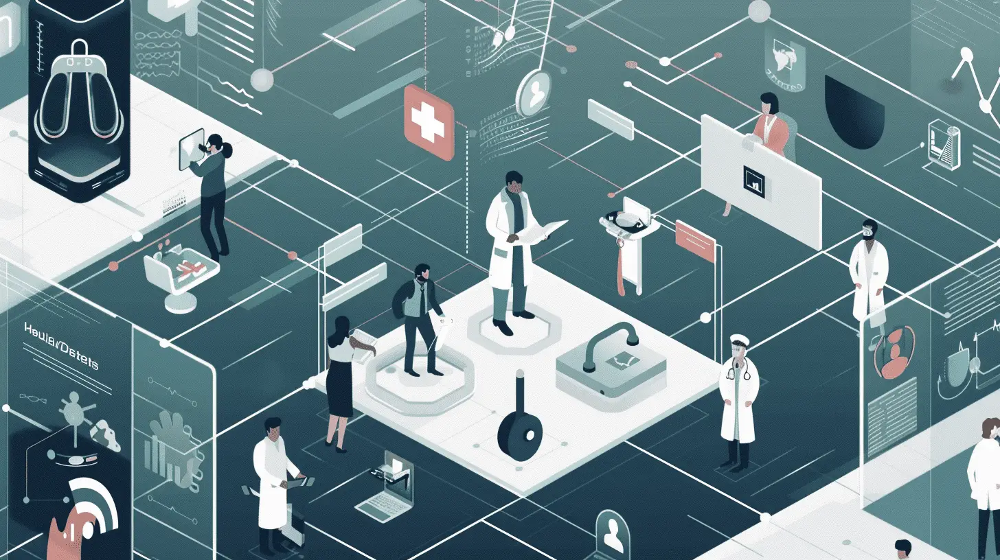 Isometric illustration of doctors and designers working among medical equipment, screens and data panels joined by connecting lines