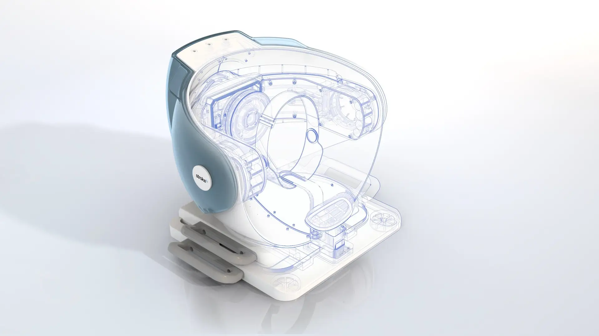 A futuristic medical imaging device with a transparent, blue-tinted shell reveals…