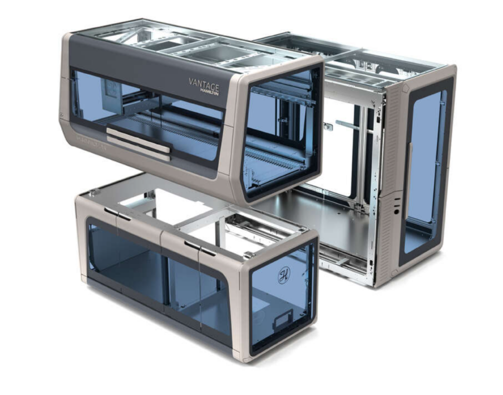 Exploded view of Hamilton Vantage, showcasing modular lab automation. Designed with RKS Design.