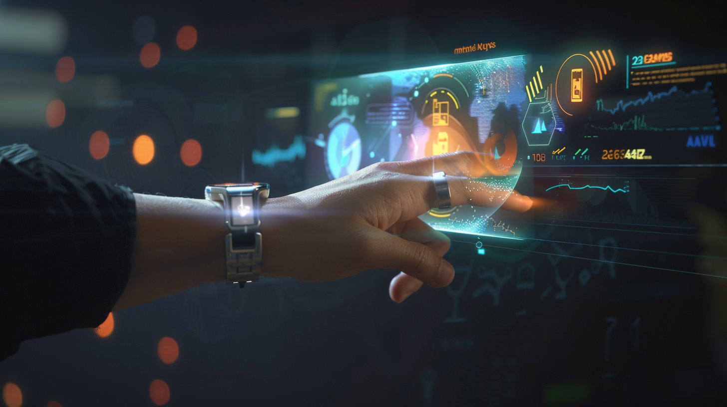 User wearing smart health wearables with real-time biometric tracking, illustrating…