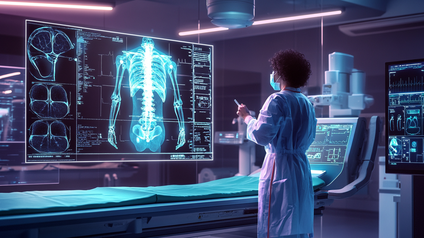 AI-driven diagnostic tools analyzing patient data in a medical setting, showcasing…
