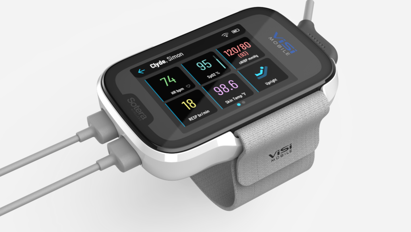 The Sotera Wireless ViSi Mobile wearable patient monitoring system, designed by RKS Design.