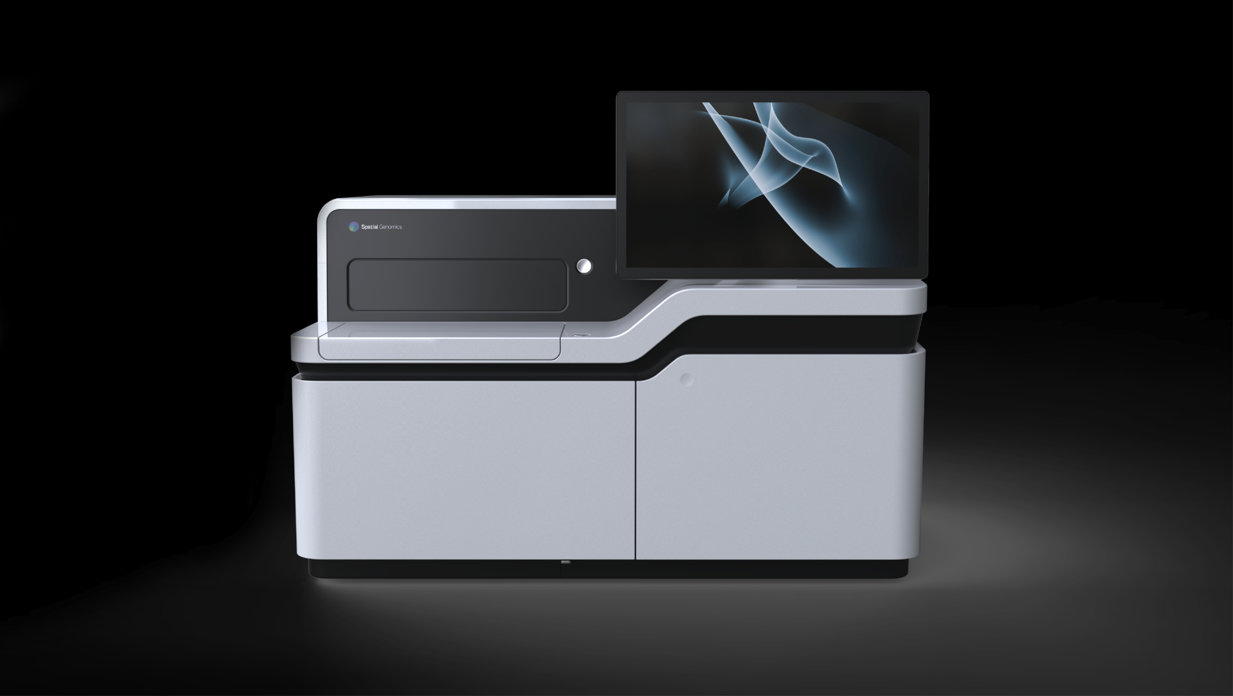 Front view of the Spatial Genomics instrument, a white and black benchtop unit with a raised touchscreen display