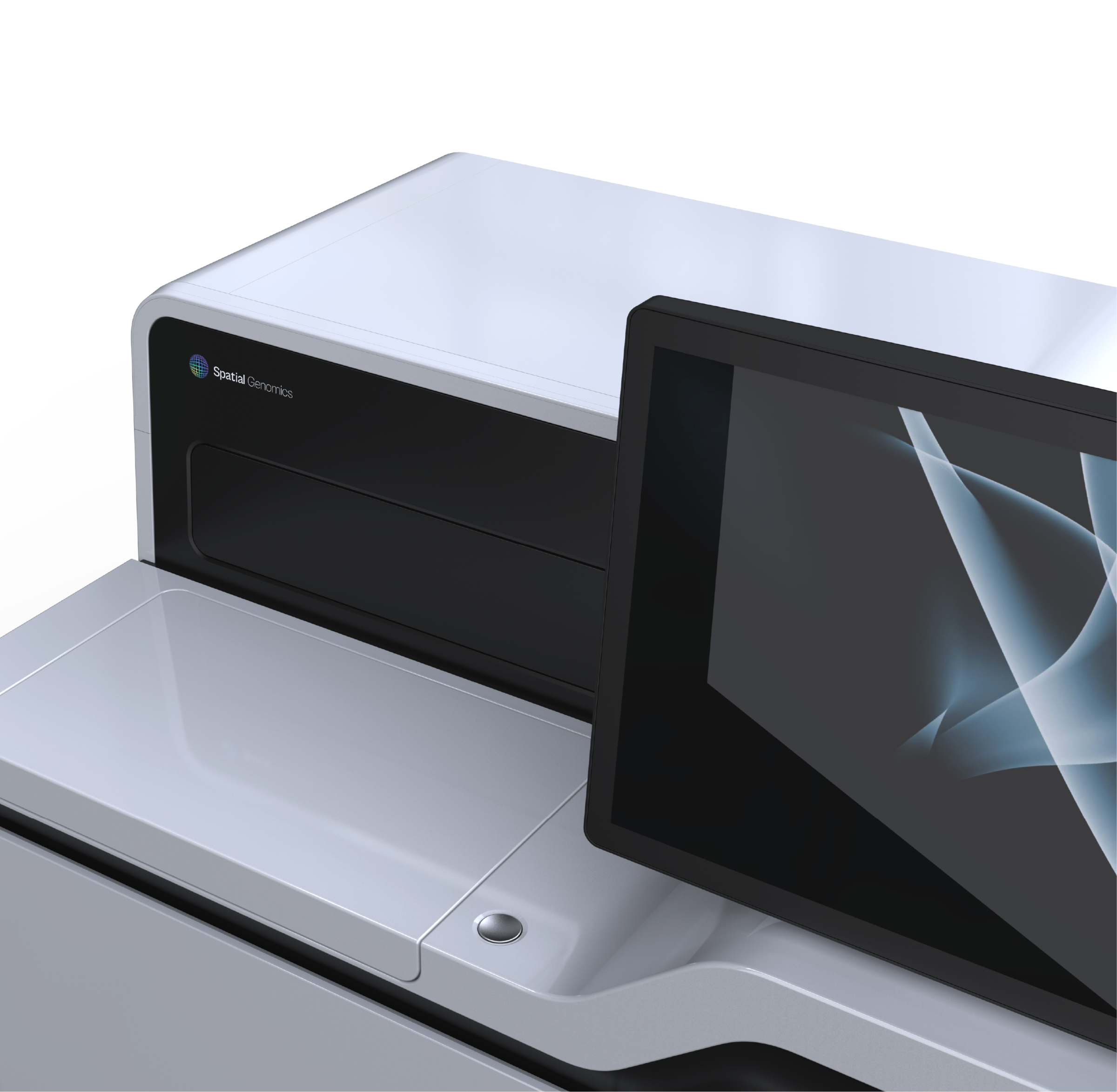 Close-up of the Spatial Genomics instrument’s touchscreen and design