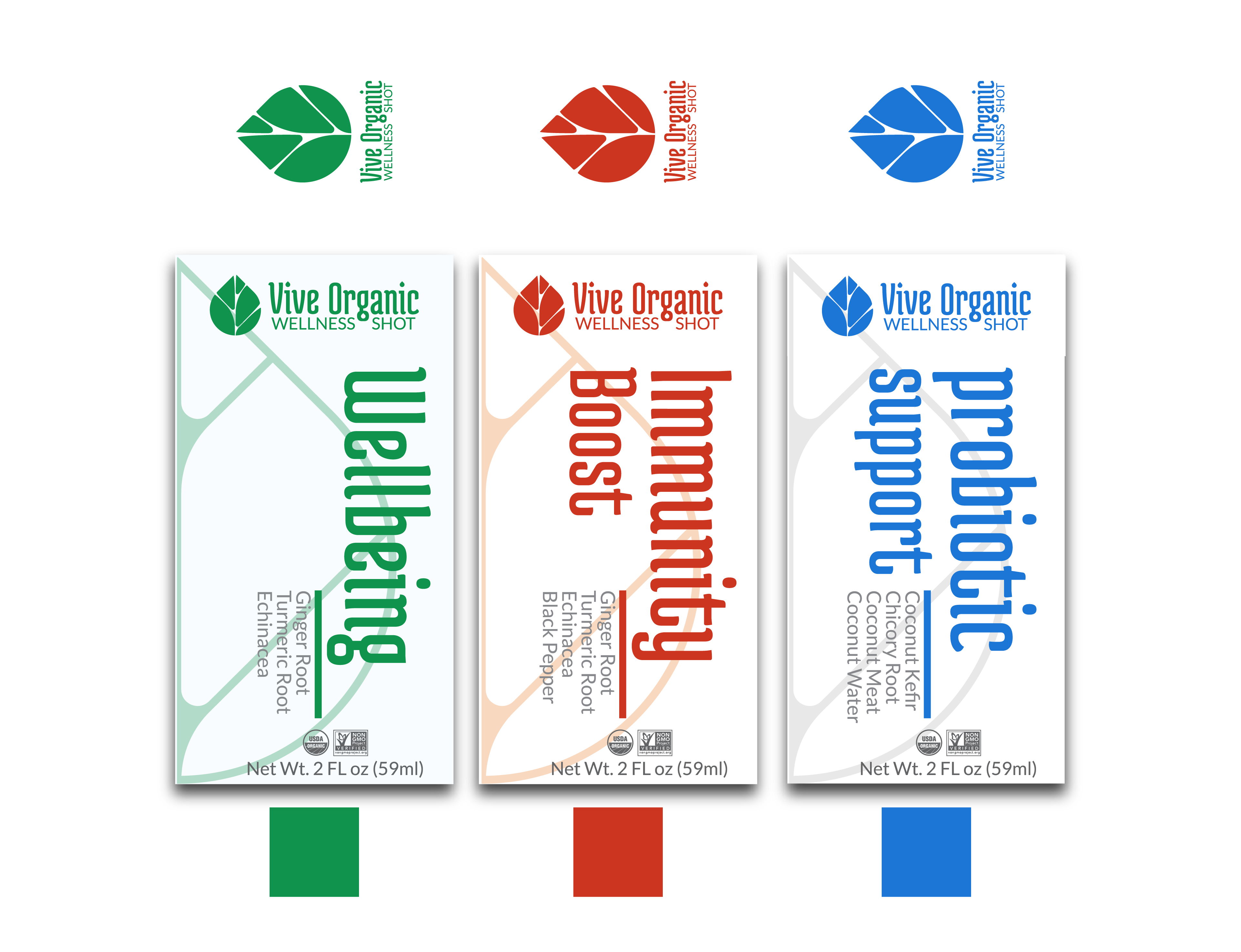 Vive Organic Wellness Shot labels for Wellbeing, Immunity Boost, and Probiotic Support,…