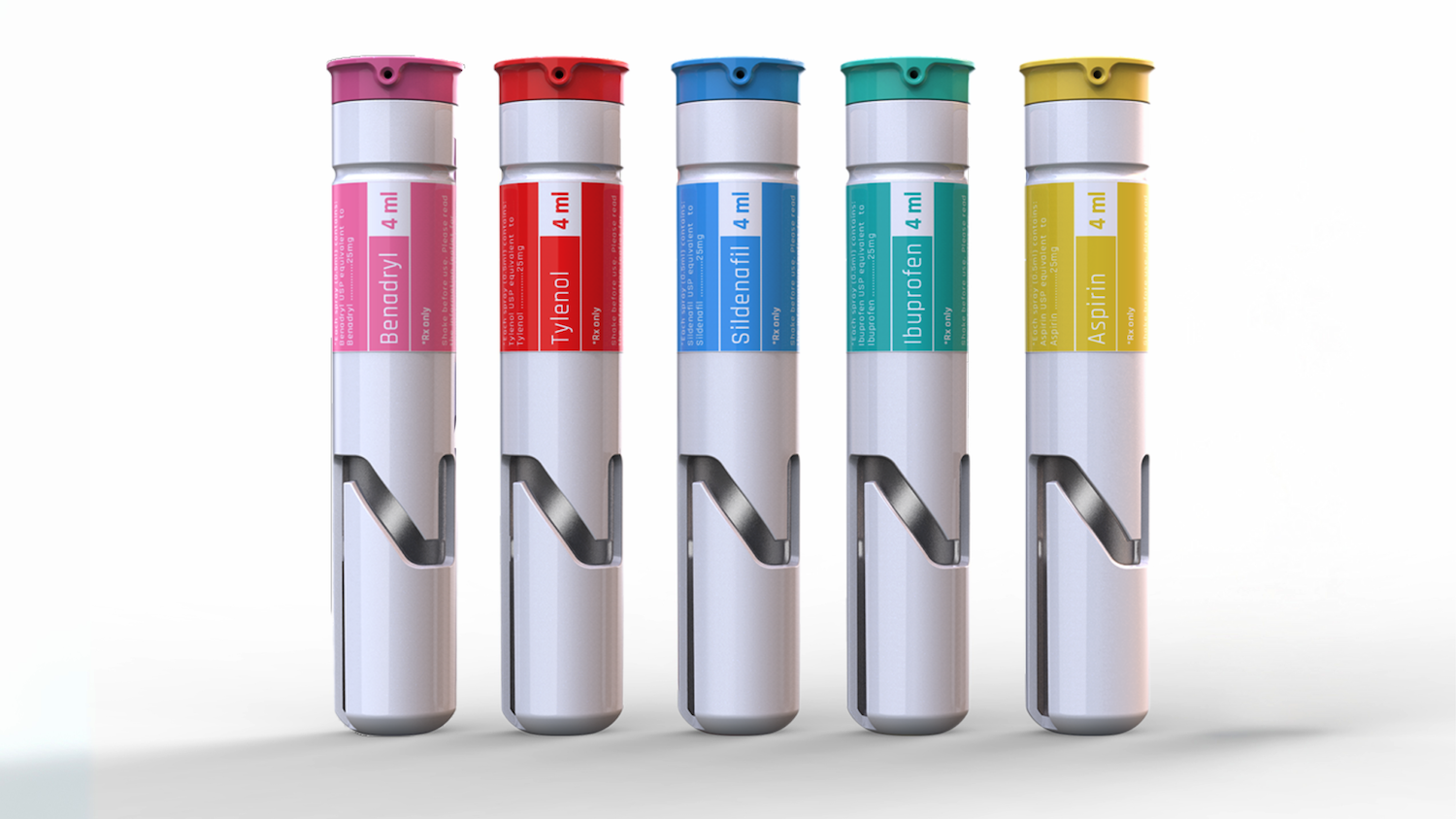 Color-coded medication cartridges designed by RKS Design for the Aspargo system,…