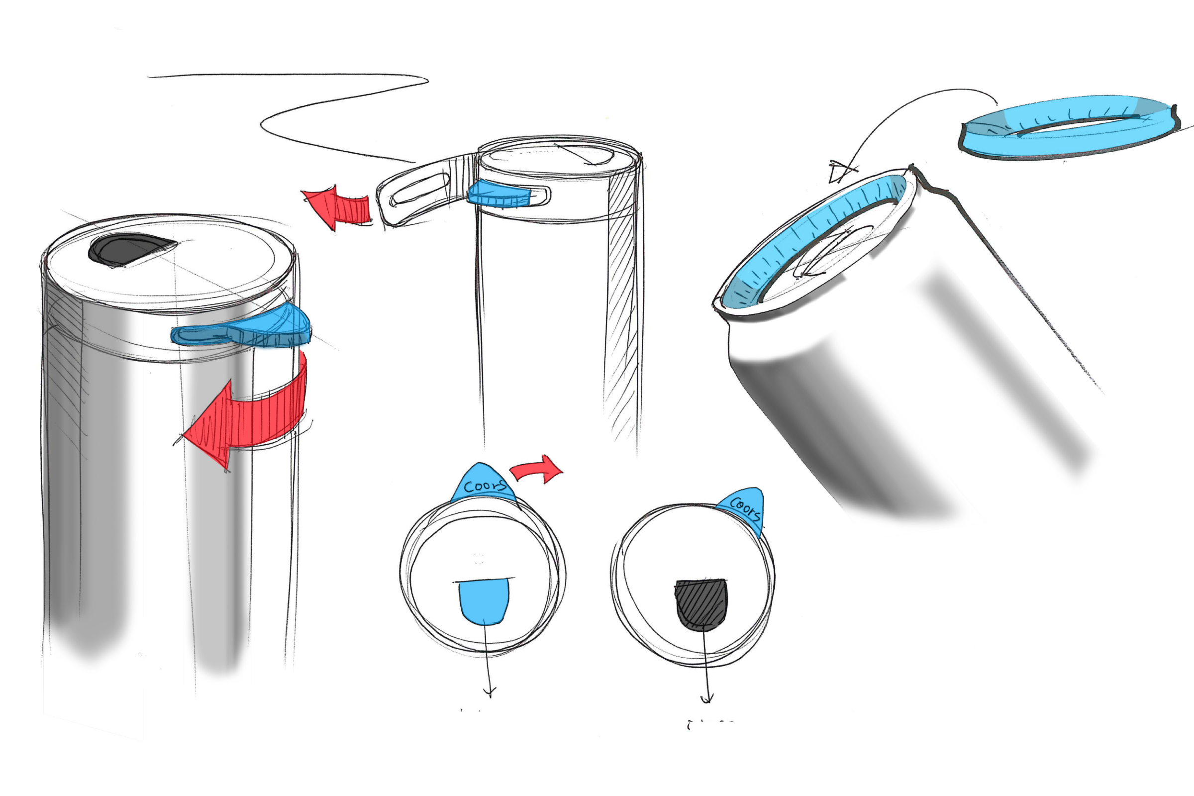 A detailed sketch of an innovative Coors Light can opening mechanism with a rotating lid.