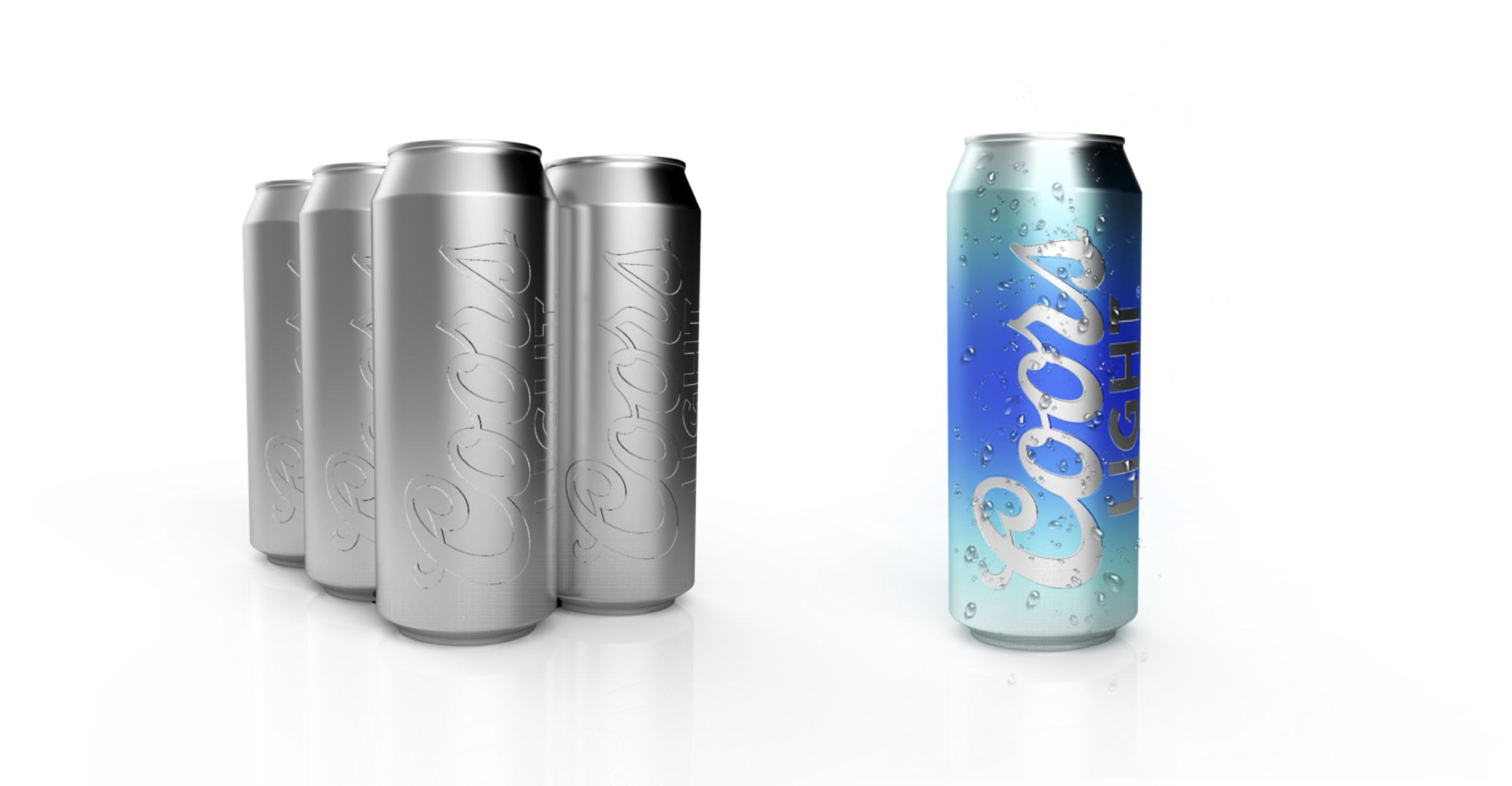 A cold-activated Coors Light can turning blue, standing apart from a row of standard silver cans.