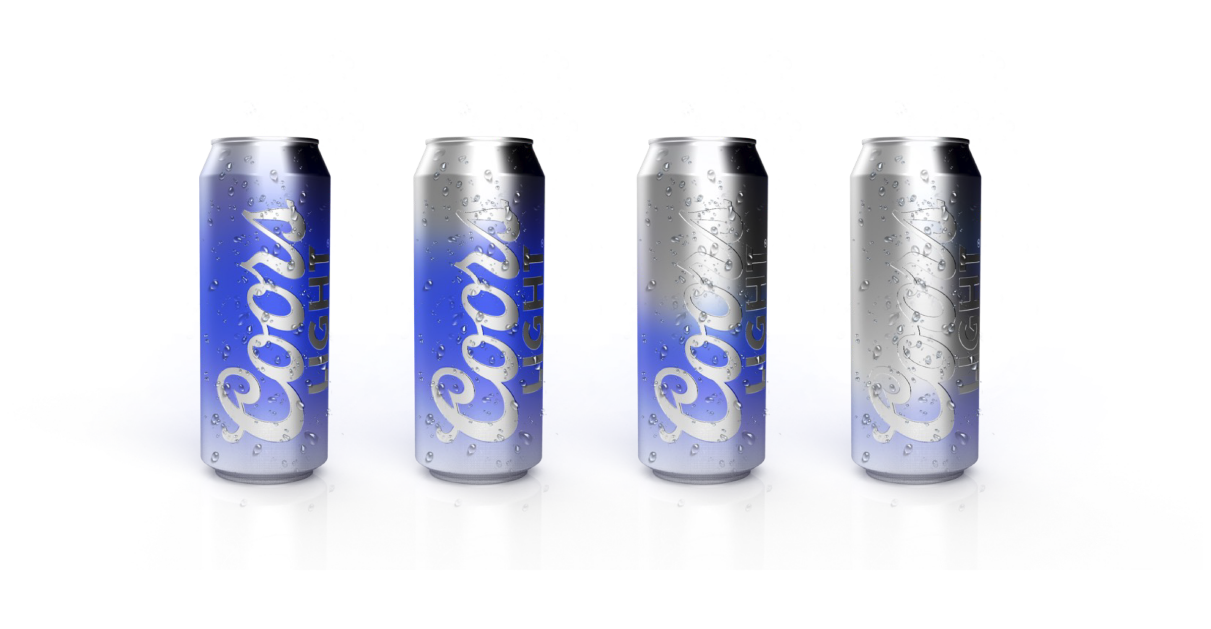 A set of Coors Light cans transitioning from silver to blue, demonstrating thermochromic technology.