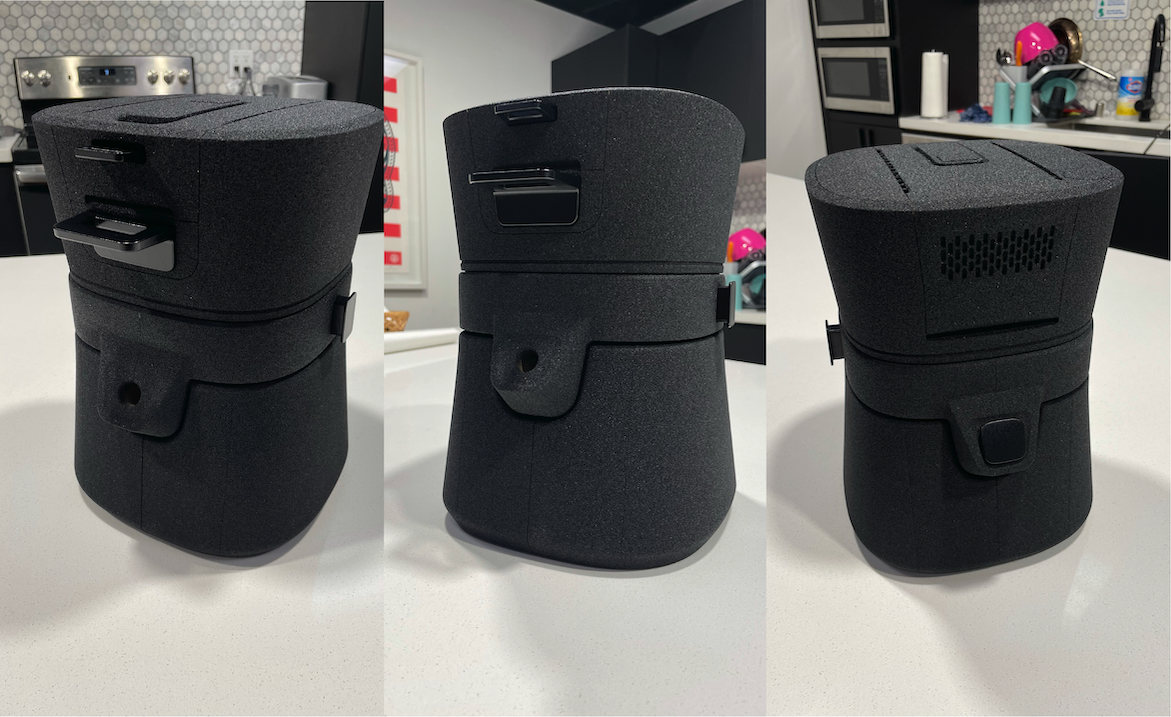 Black foam prototype of Reva Hookah showing early form exploration in kitchen environment