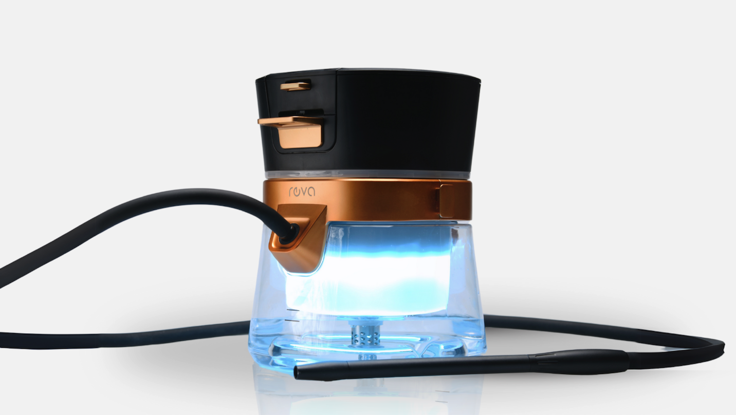 Modern Reva hookah with gold and black components and glowing blue base designed by RKS Design