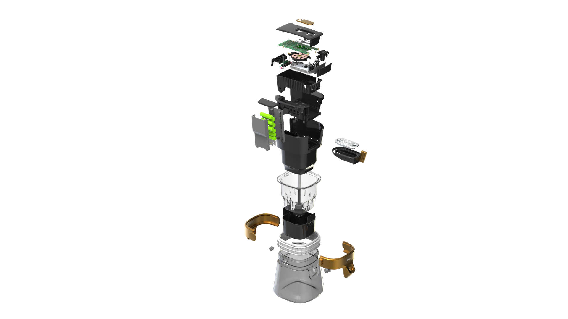 Exploded technical view of Reva Hookah designed by RKS Design, showing internal…