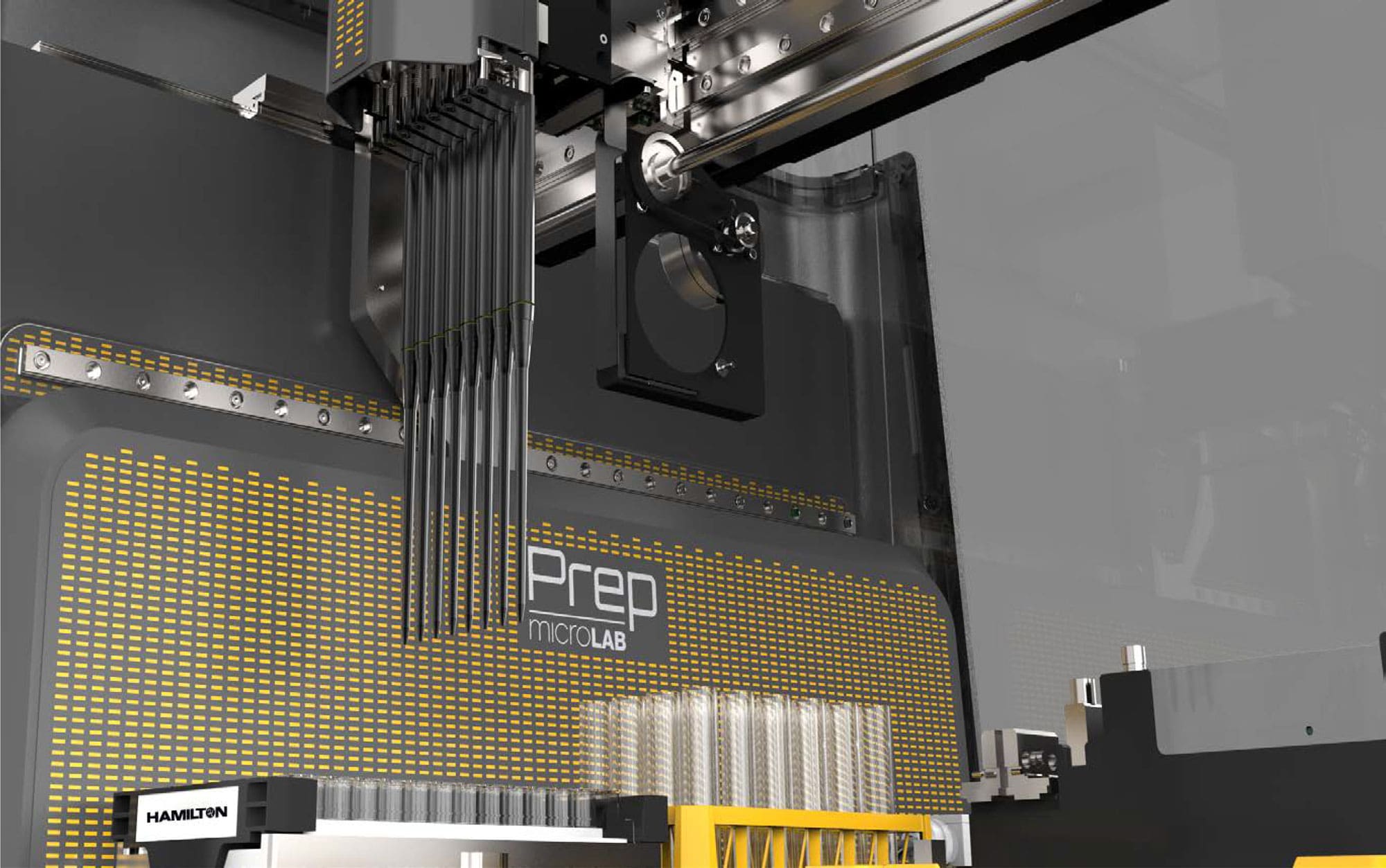 A close-up of an automated lab instrument labeled Prep Microlab with multiple pipette…
