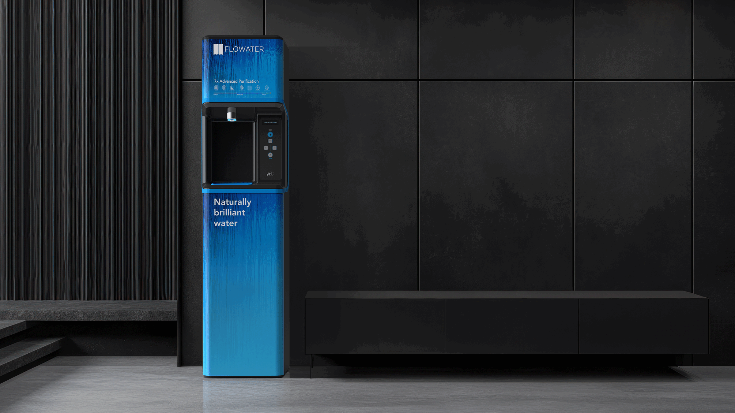 A blue FloWater water refill station, resembling sleek home appliances, stands against…