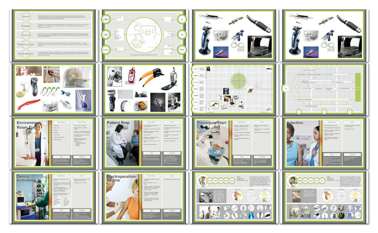 A collage of presentation slides showing medical equipment, dental tools, procedural