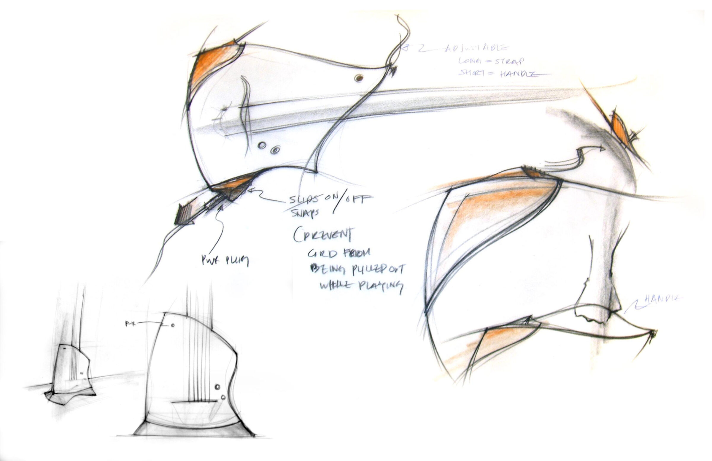 Pencil sketches with orange accents of a snap-on guitar accessory and strap handle, noted to keep the cord from being pulled out
