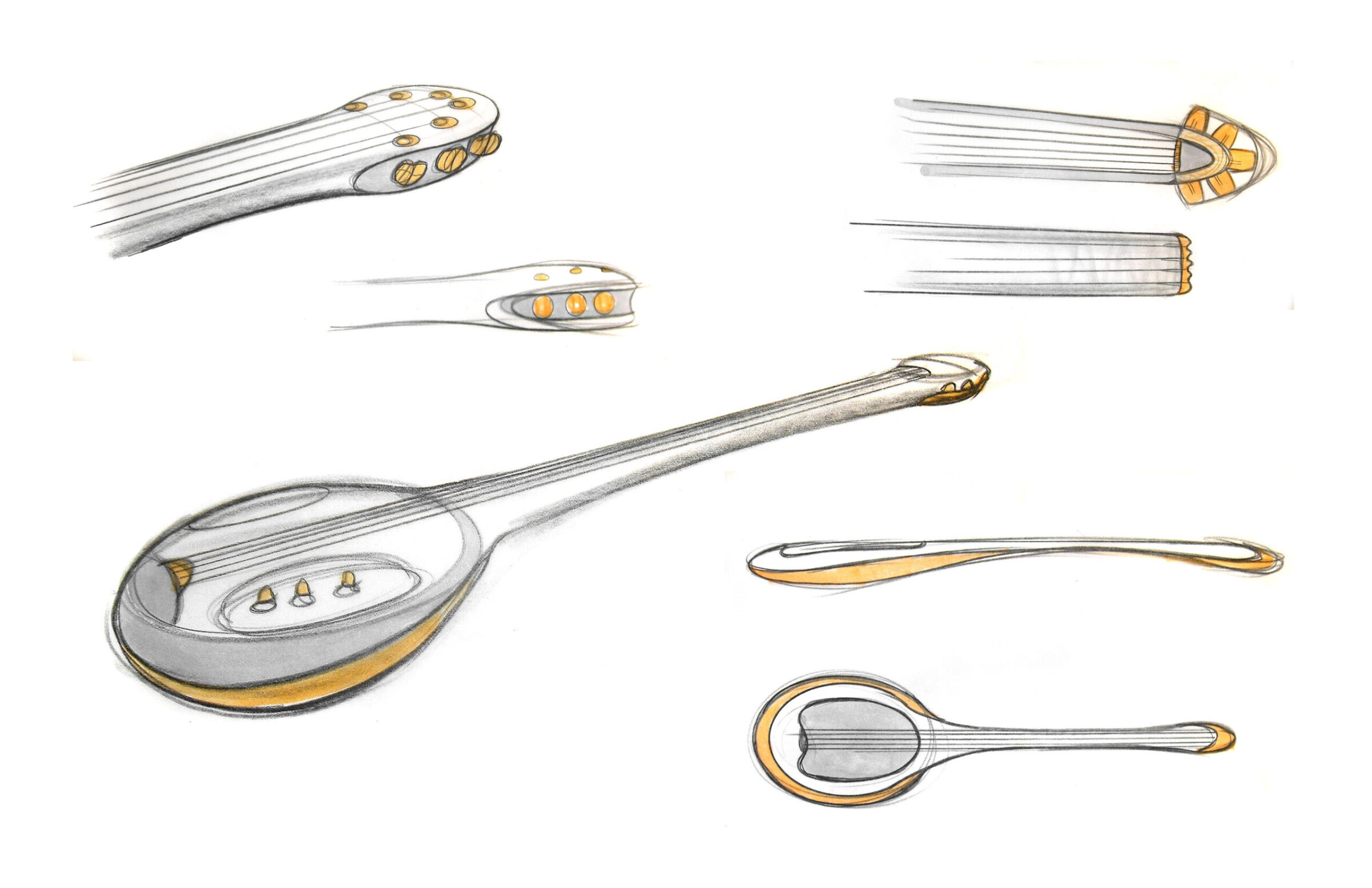 Pencil sketches with orange accents of a lute-like instrument with a round body, shown from several angles with headstock details
