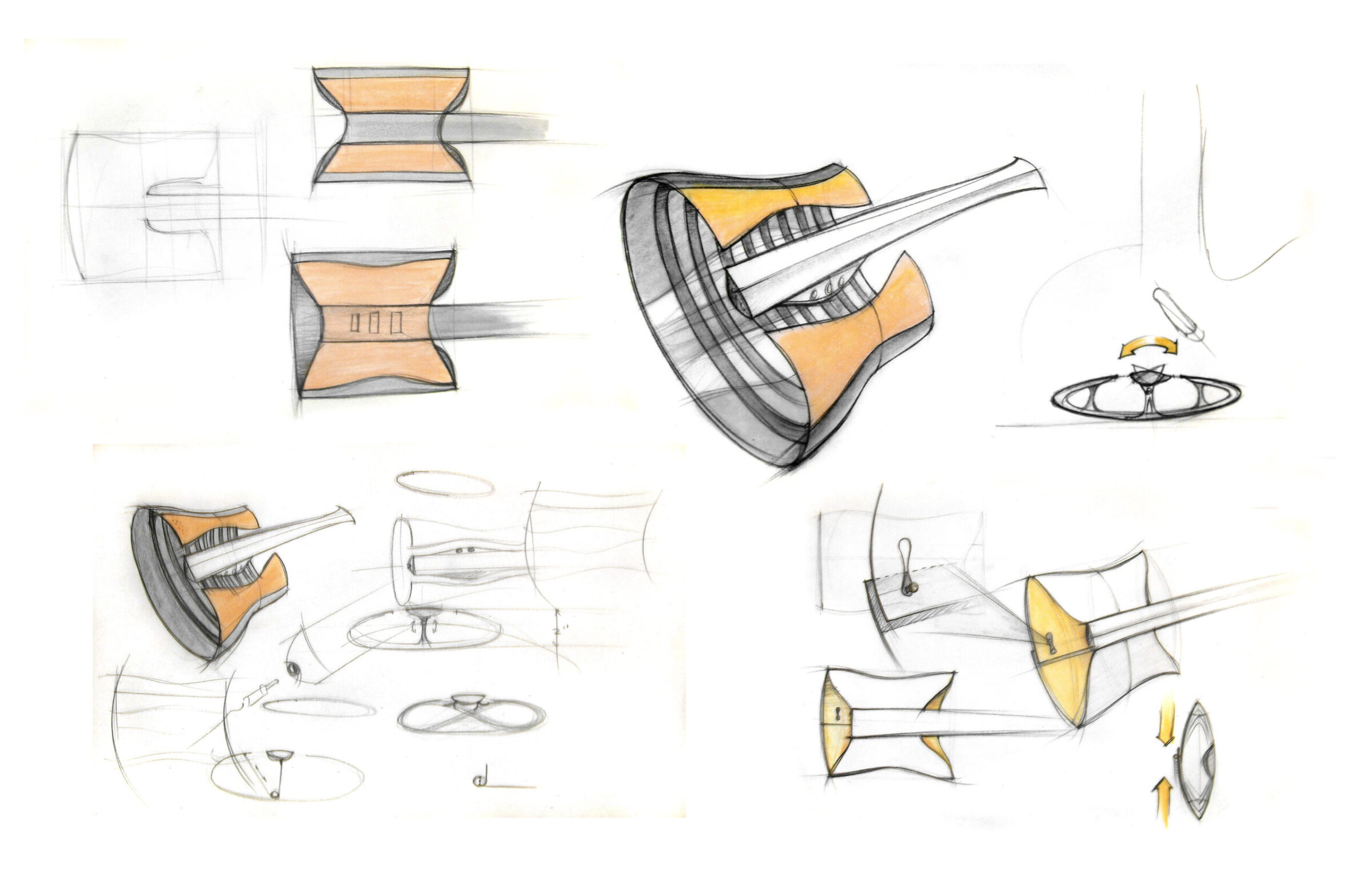 Pencil sketches with orange shading of a flared, bell-shaped part with a tapered stem, shown in several views and sections