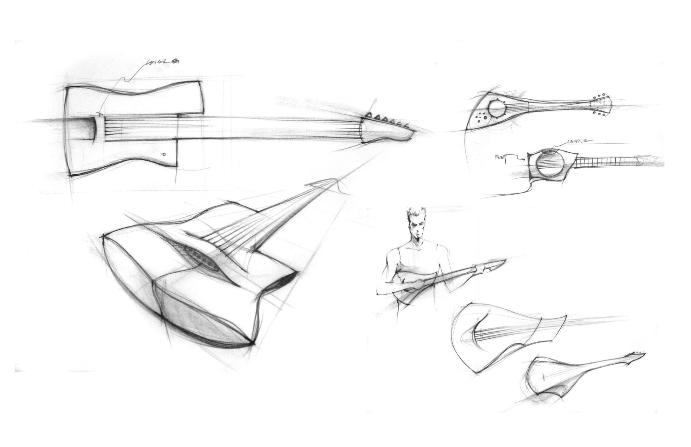 Pencil sketches of electric and acoustic guitar concepts from several angles, including a figure playing one