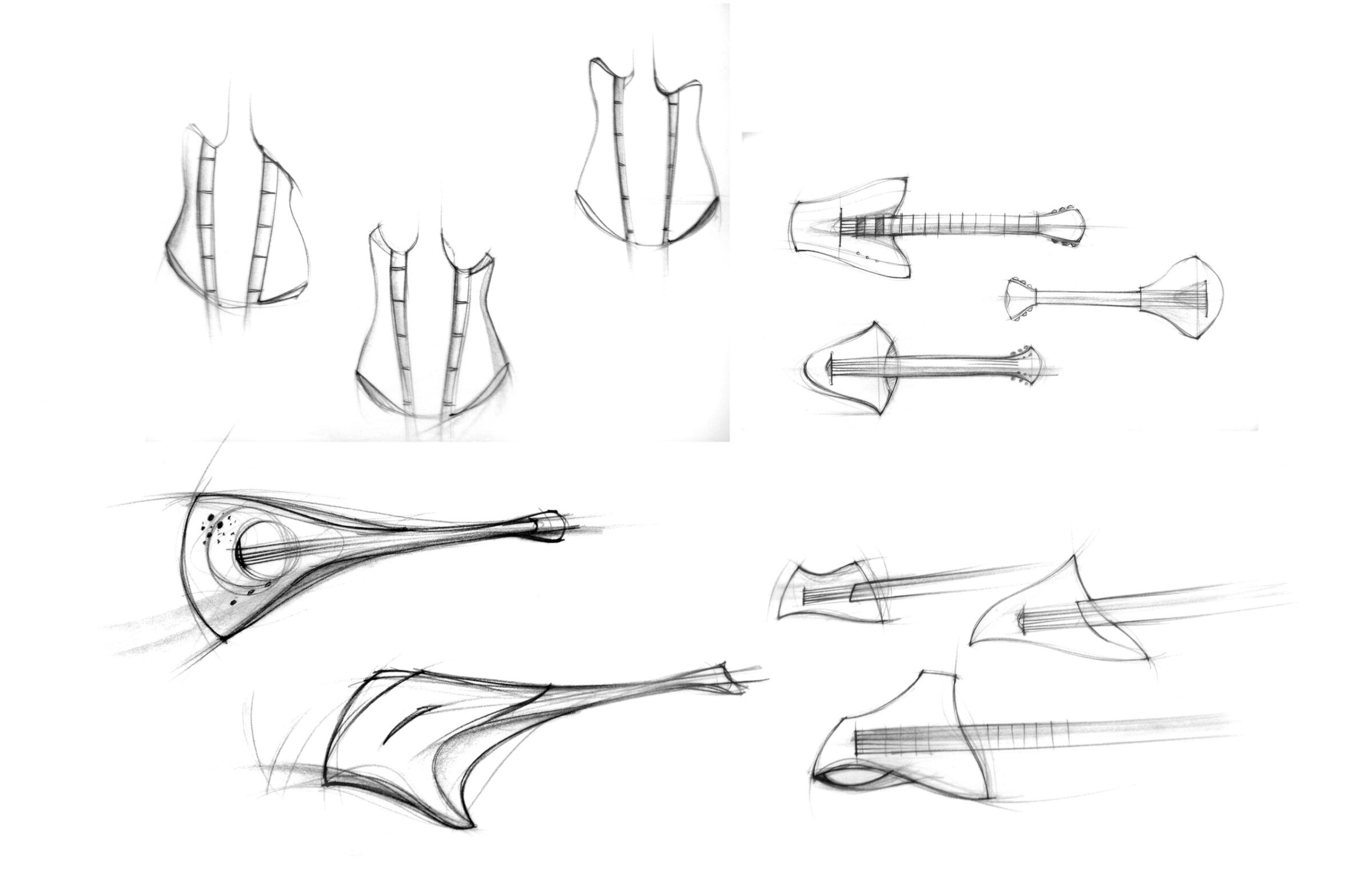 Pencil sketches of guitar bodies with slatted center sections and lute-like stringed instruments with flared bodies