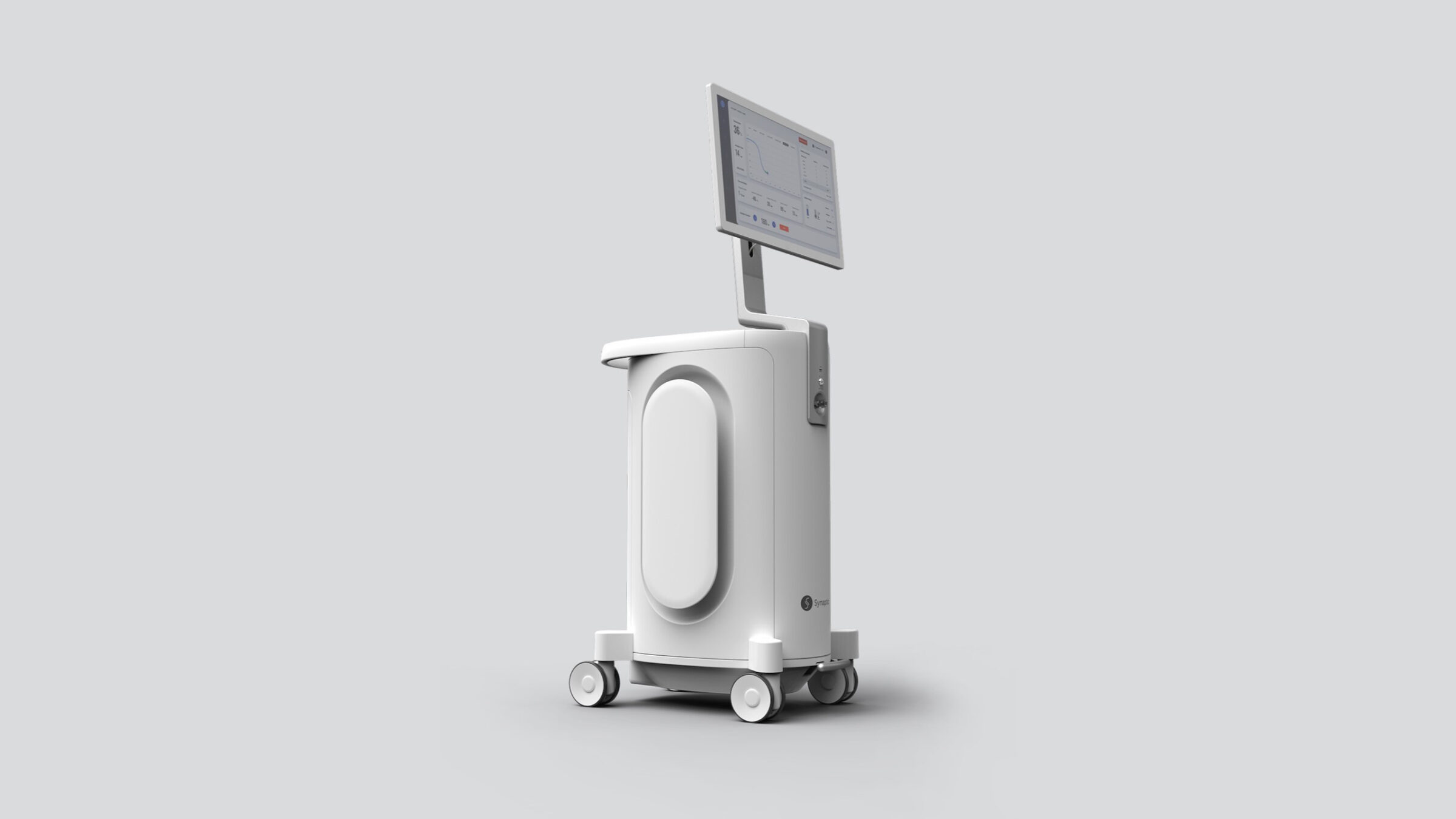 A modern AAA-SYNAPTIC medical device with a touchscreen monitor mounted on a sleek,…