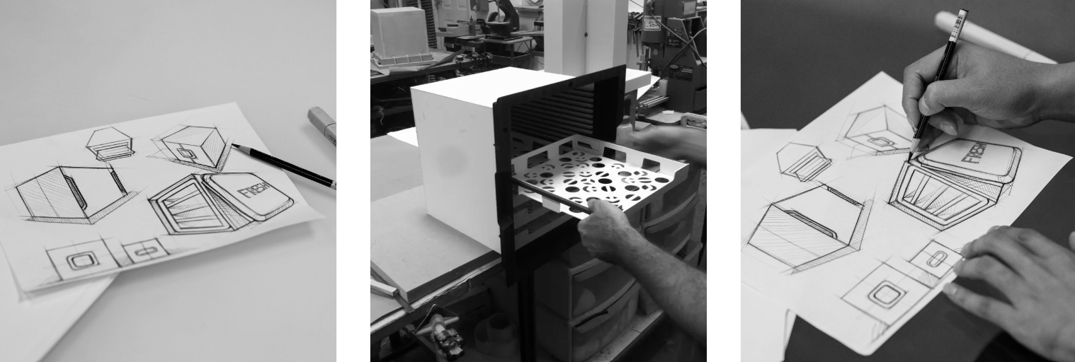 Three black and white panels show: hand-drawn sketches of a geometric object, a…