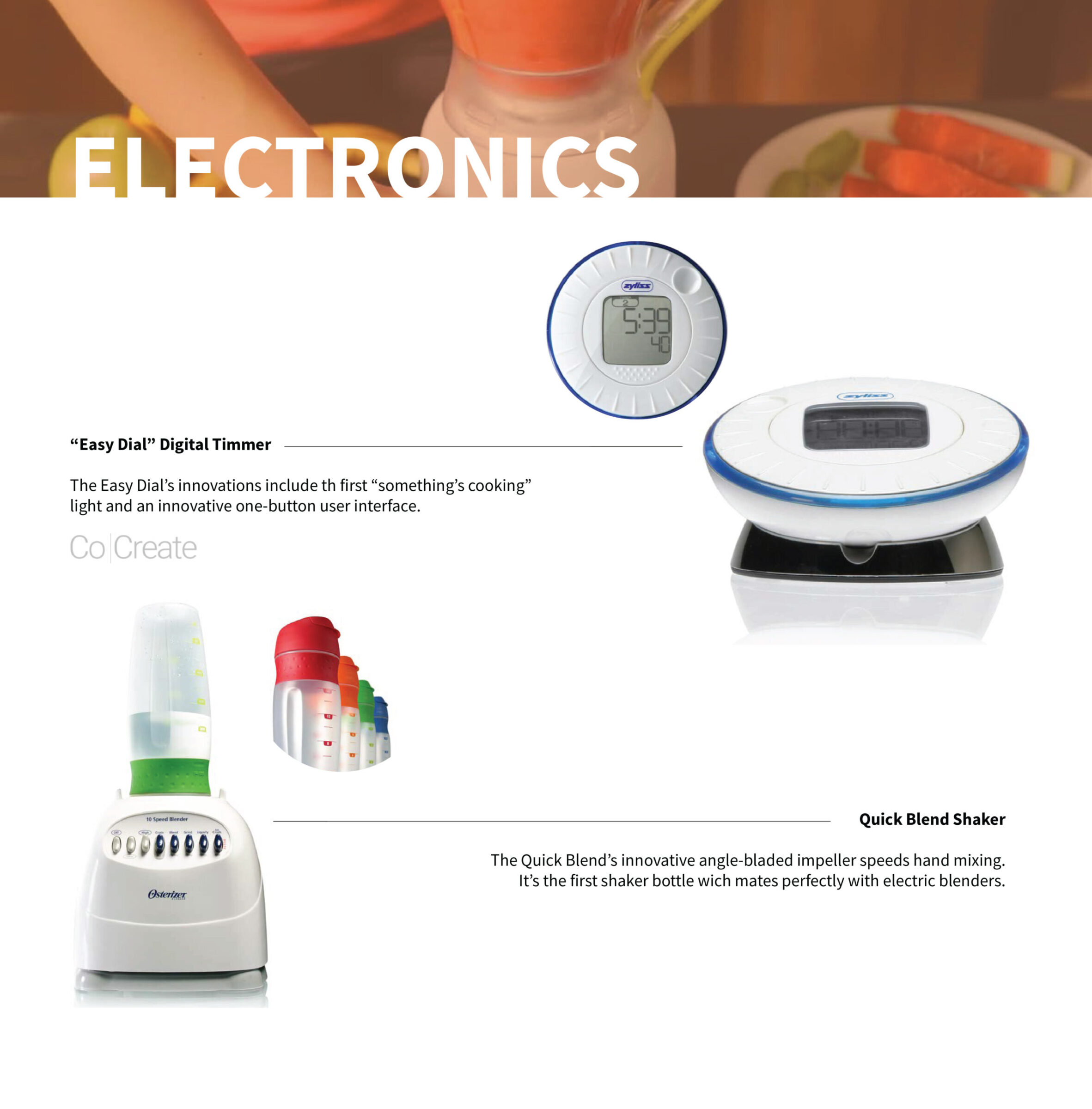 A digital timer, a kitchen scale, and a blender with colorful cups are showcased