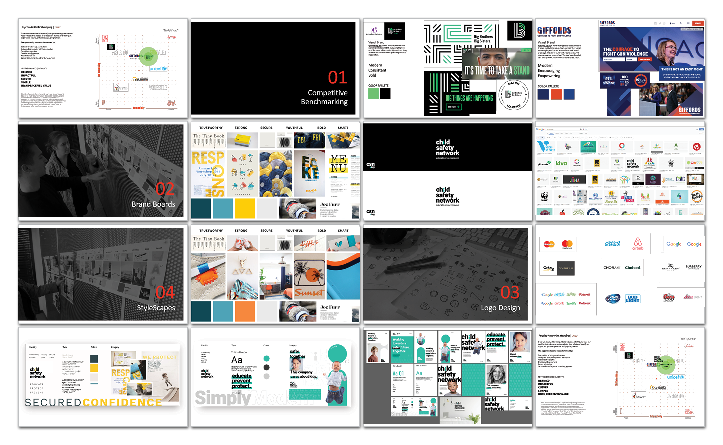 A collage of 16 presentation slides featuring branding elements, mood boards, color