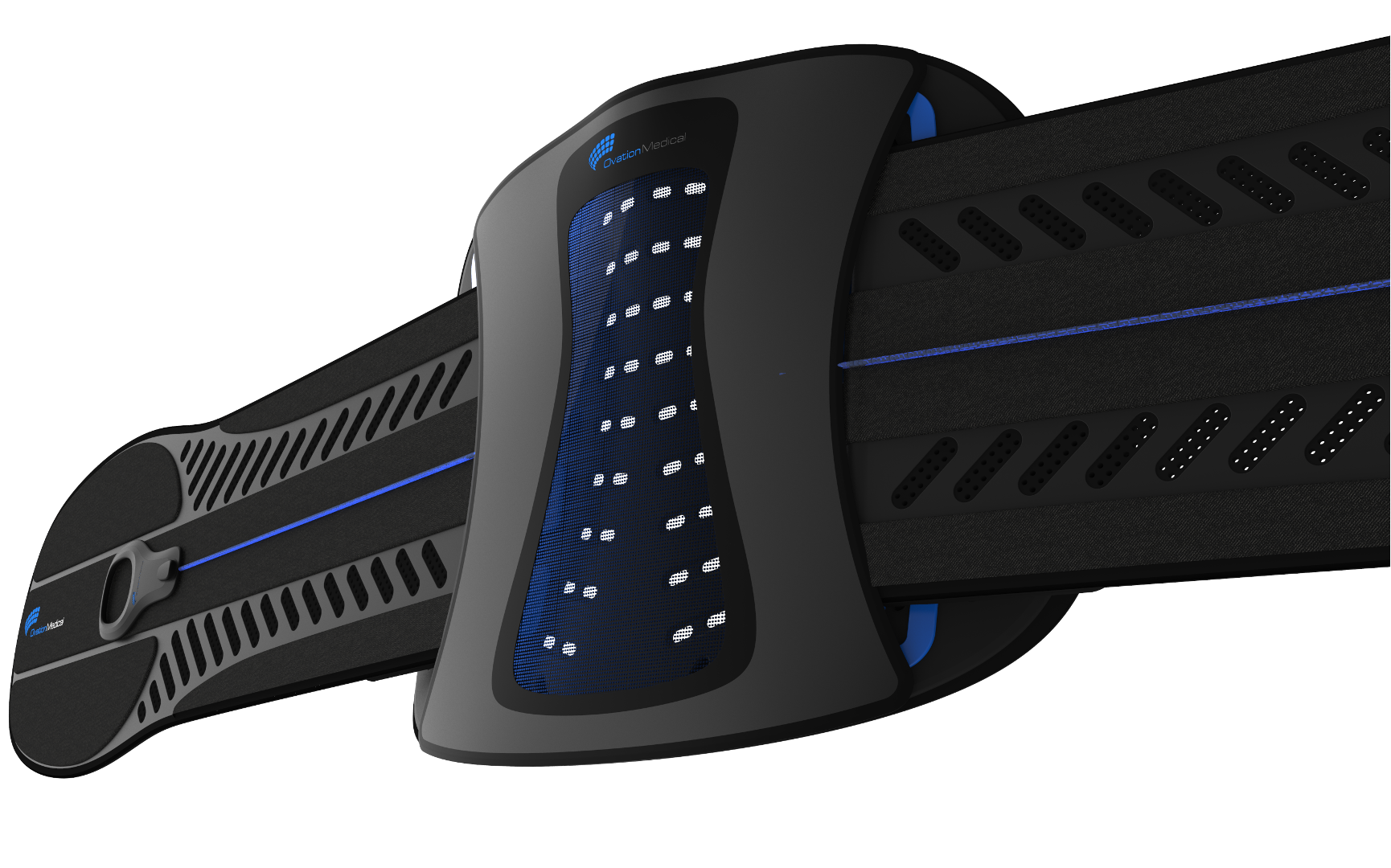 A black and blue lumbar back brace with a mesh center panel, perforated straps,…
