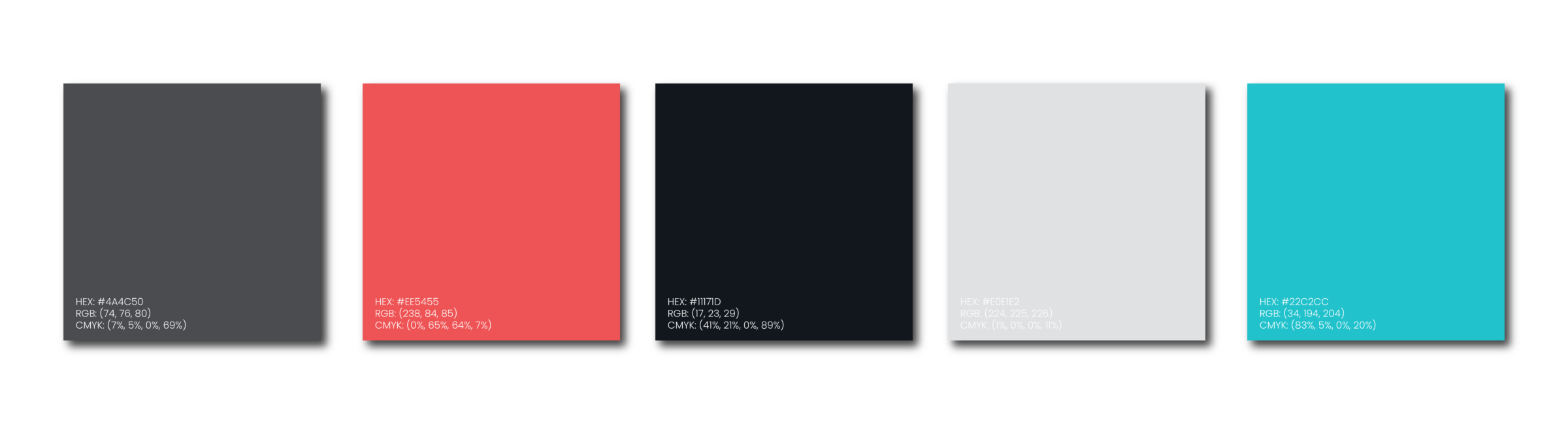 Five rectangular color swatches in a row: dark gray, coral red, black, light gray