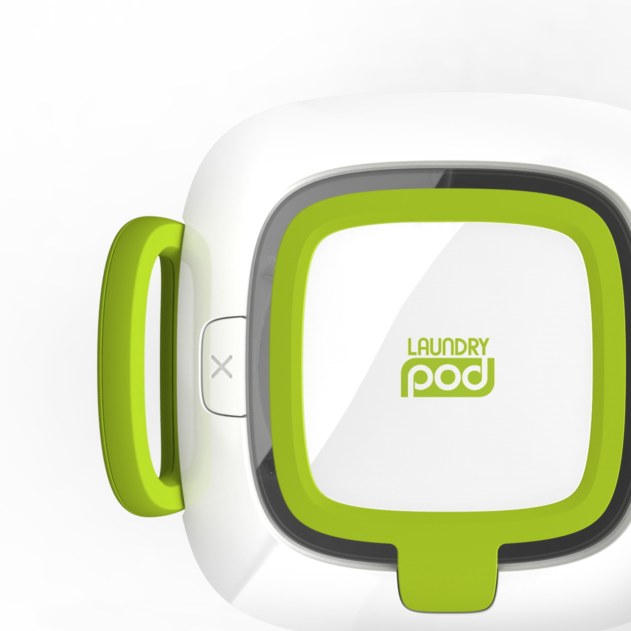 Top view of the white and green Laundry Pod, showing its lid and handle
