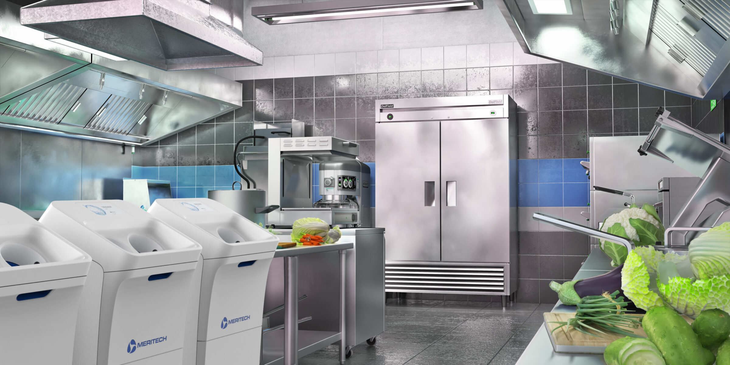 A modern commercial kitchen with stainless steel appliances, including a large refrigerator