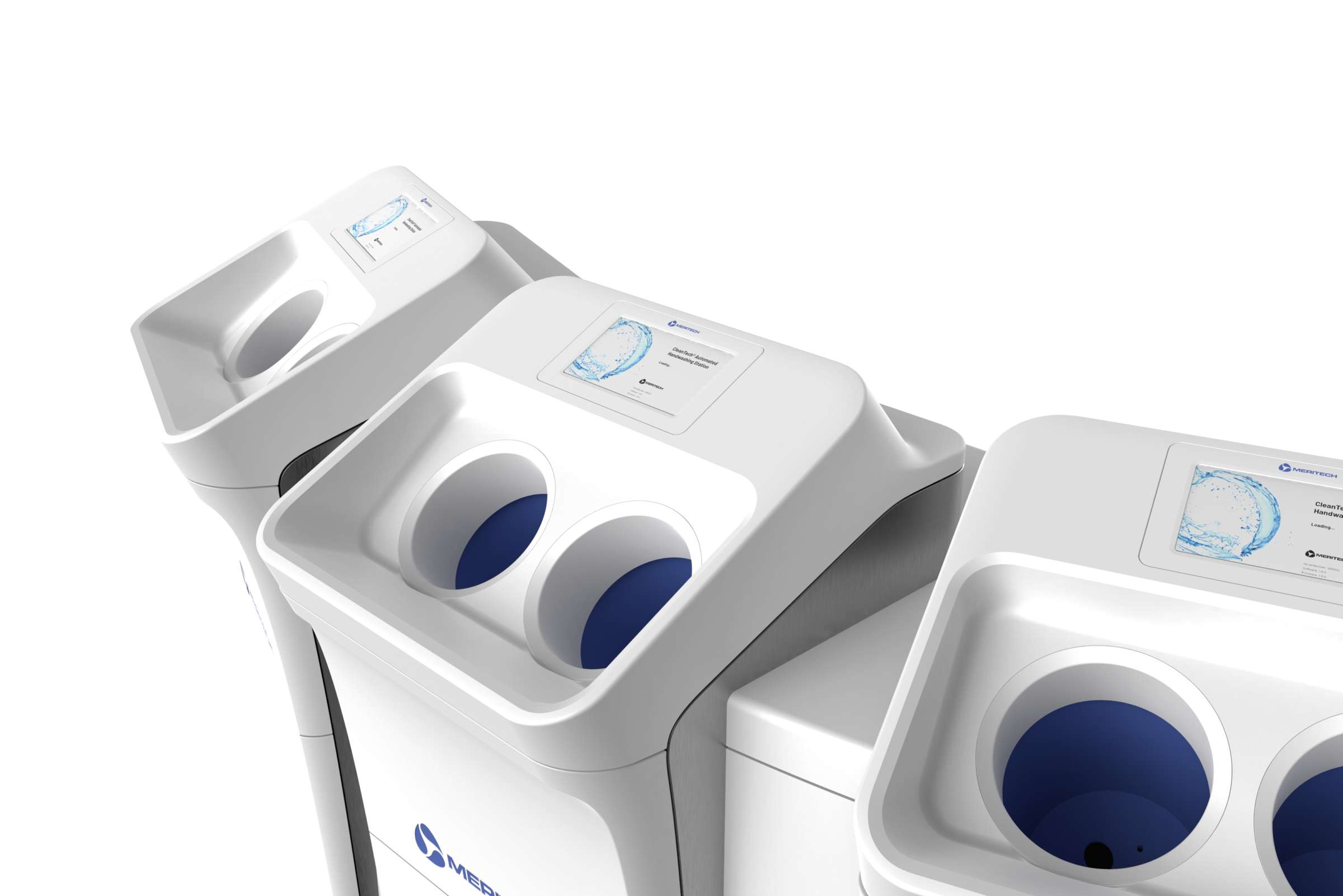 Three modern white recycling bins with blue circular openings and digital screens