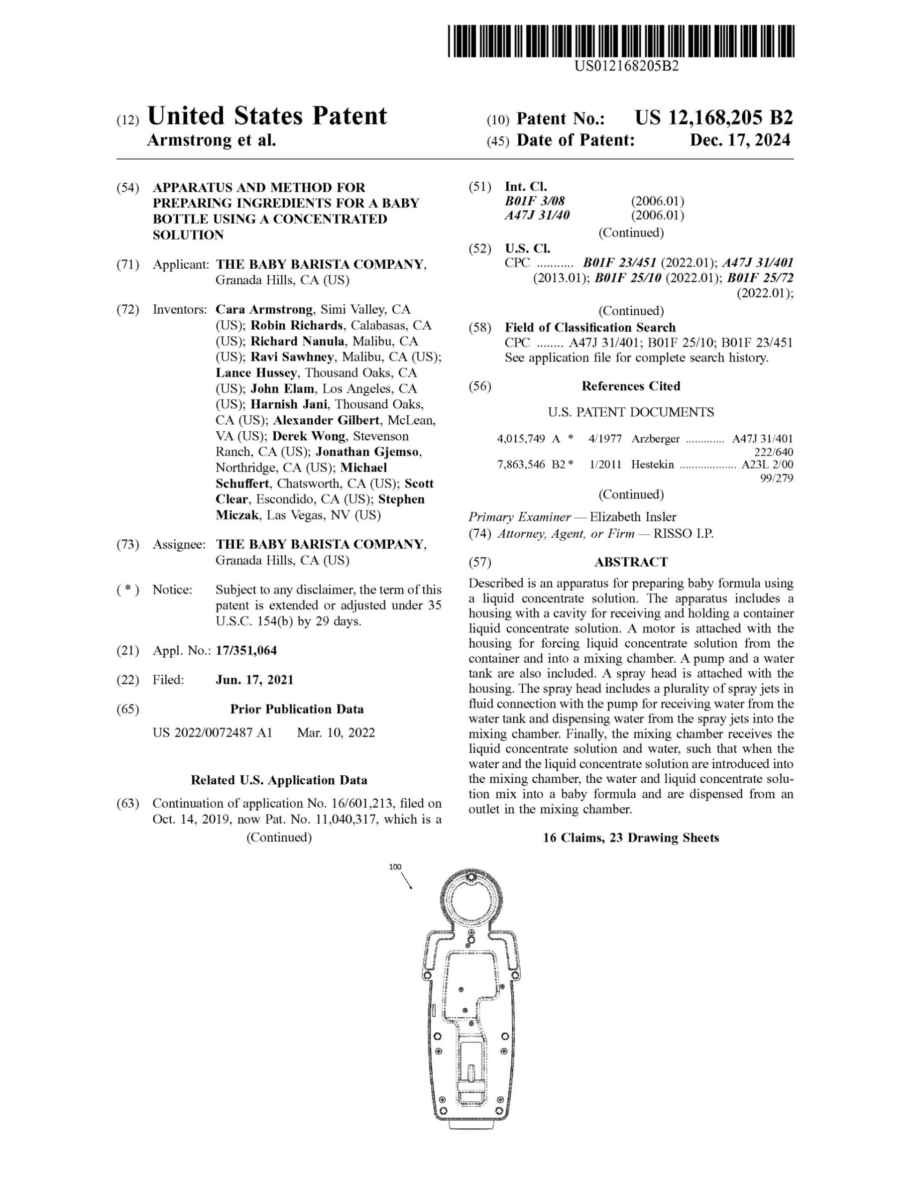 First page of a United States patent document for the Baby Barista, an apparatus