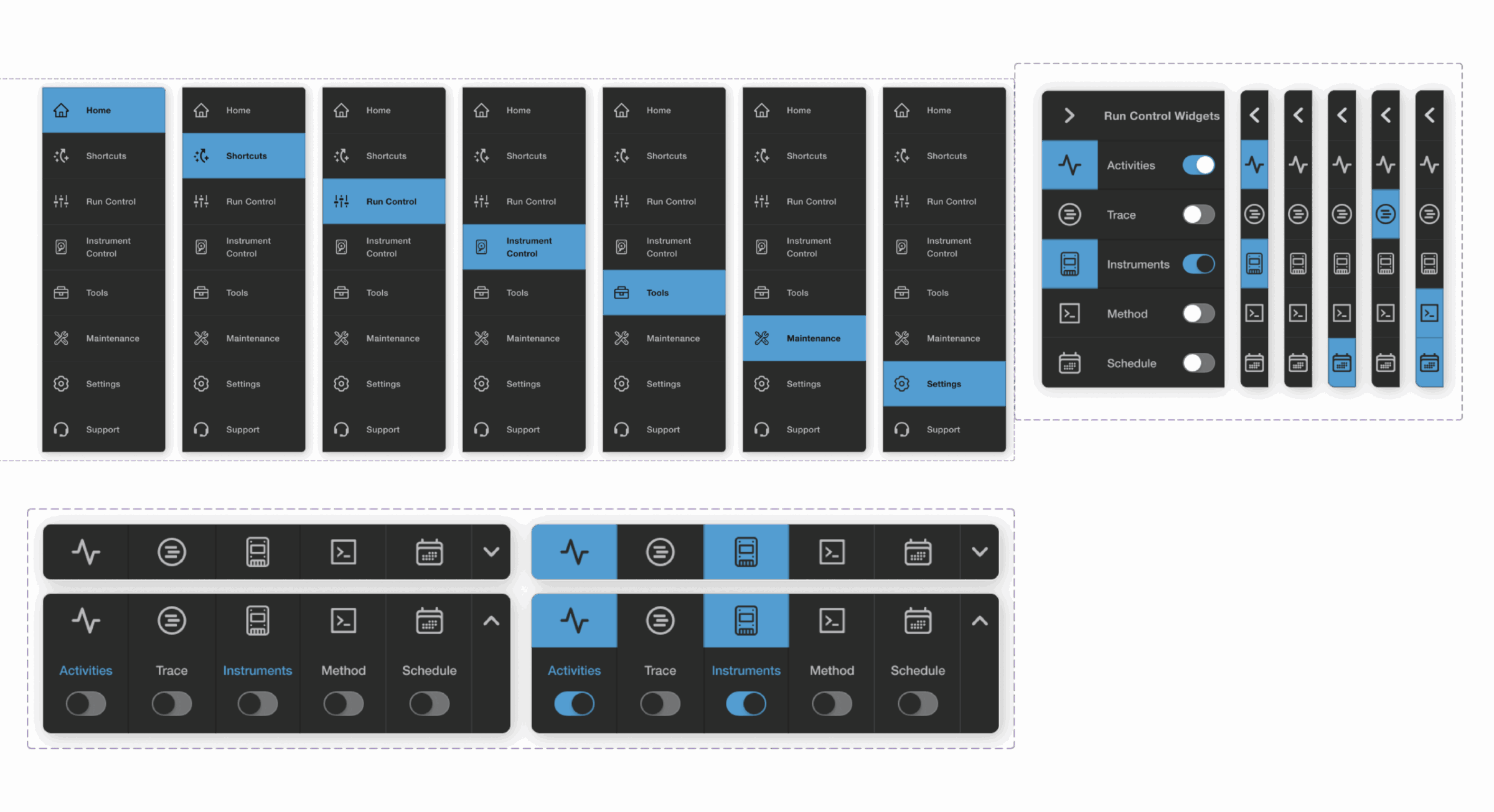 A user interface in Hamilton Venus Software features black panels displaying icons