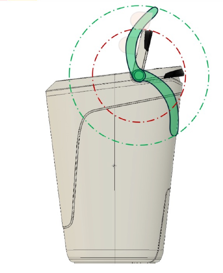 A 3D rendering of a tall, rectangular container with a hinged, curved lid shown…