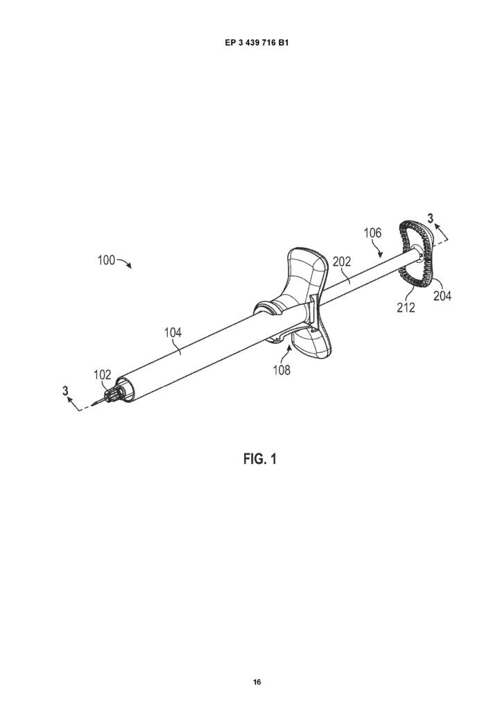 Diagram of a syringe-like medical device with a plunger, finger grips, and labeled…