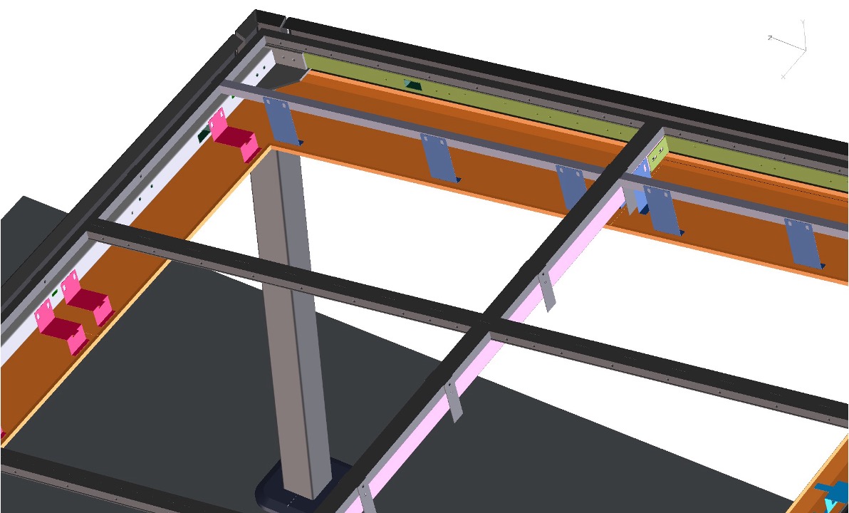 3D model of a steel structure showing beams, girders, a vertical column, and connection plates.